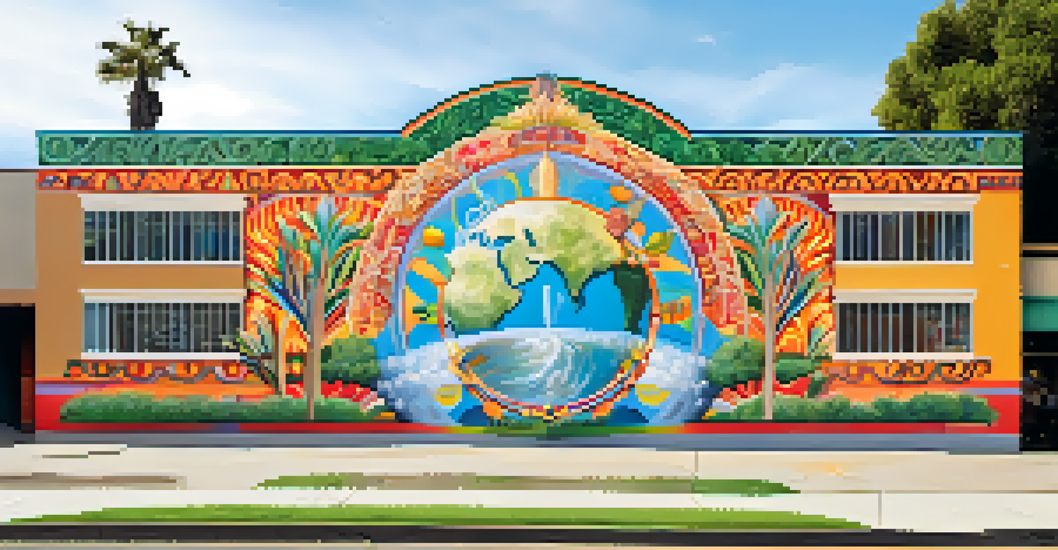 A mural that promotes peace and unity, featuring bright colors and intricate designs, surrounded by urban greenery in Pasadena.
