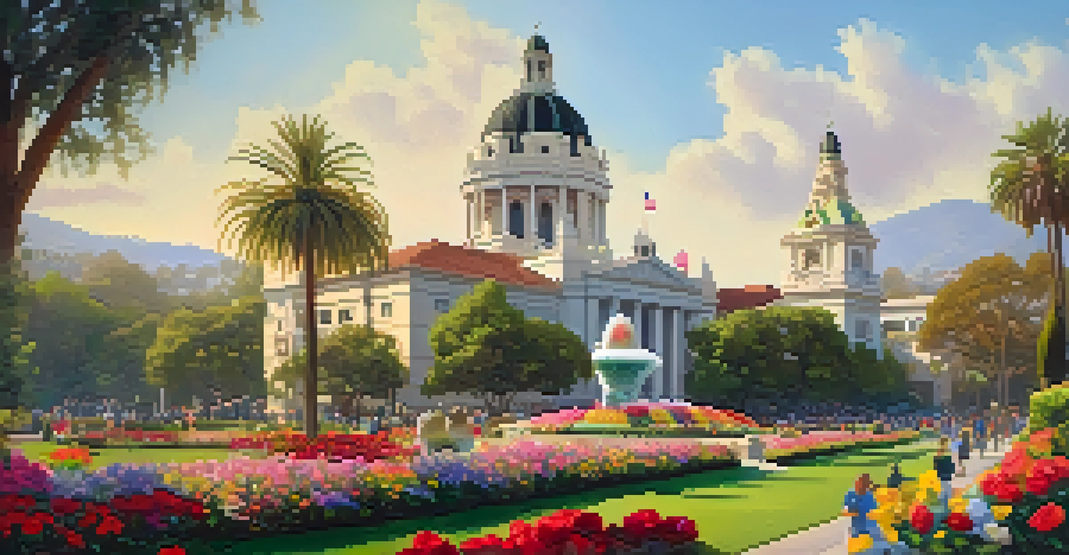 Pasadena City Hall surrounded by blooming gardens, with families enjoying a peaceful picnic while watching the parade.