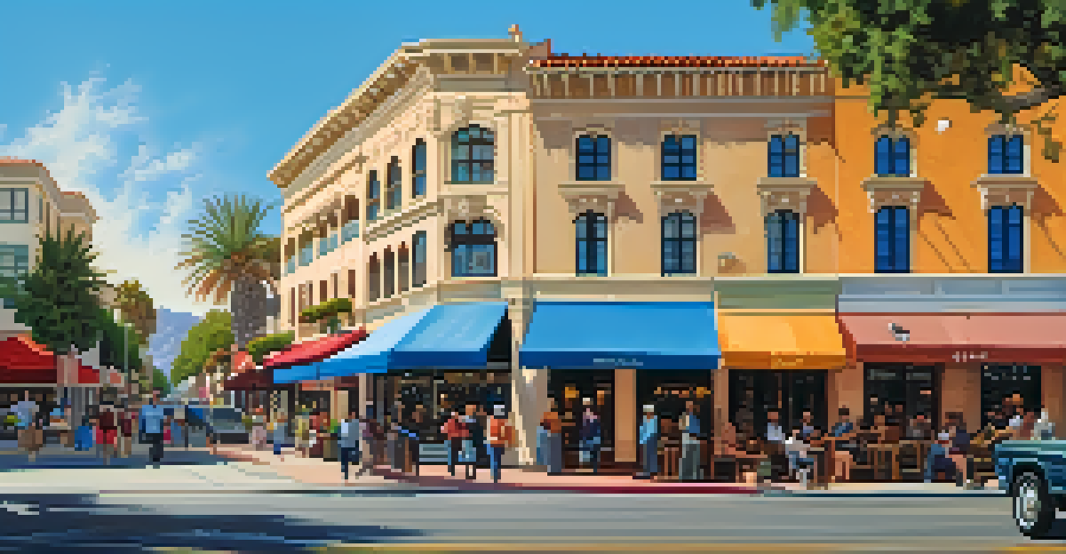 A lively street in Old Town Pasadena, displaying a mix of historical architecture and modern shops with pedestrians and outdoor cafés.