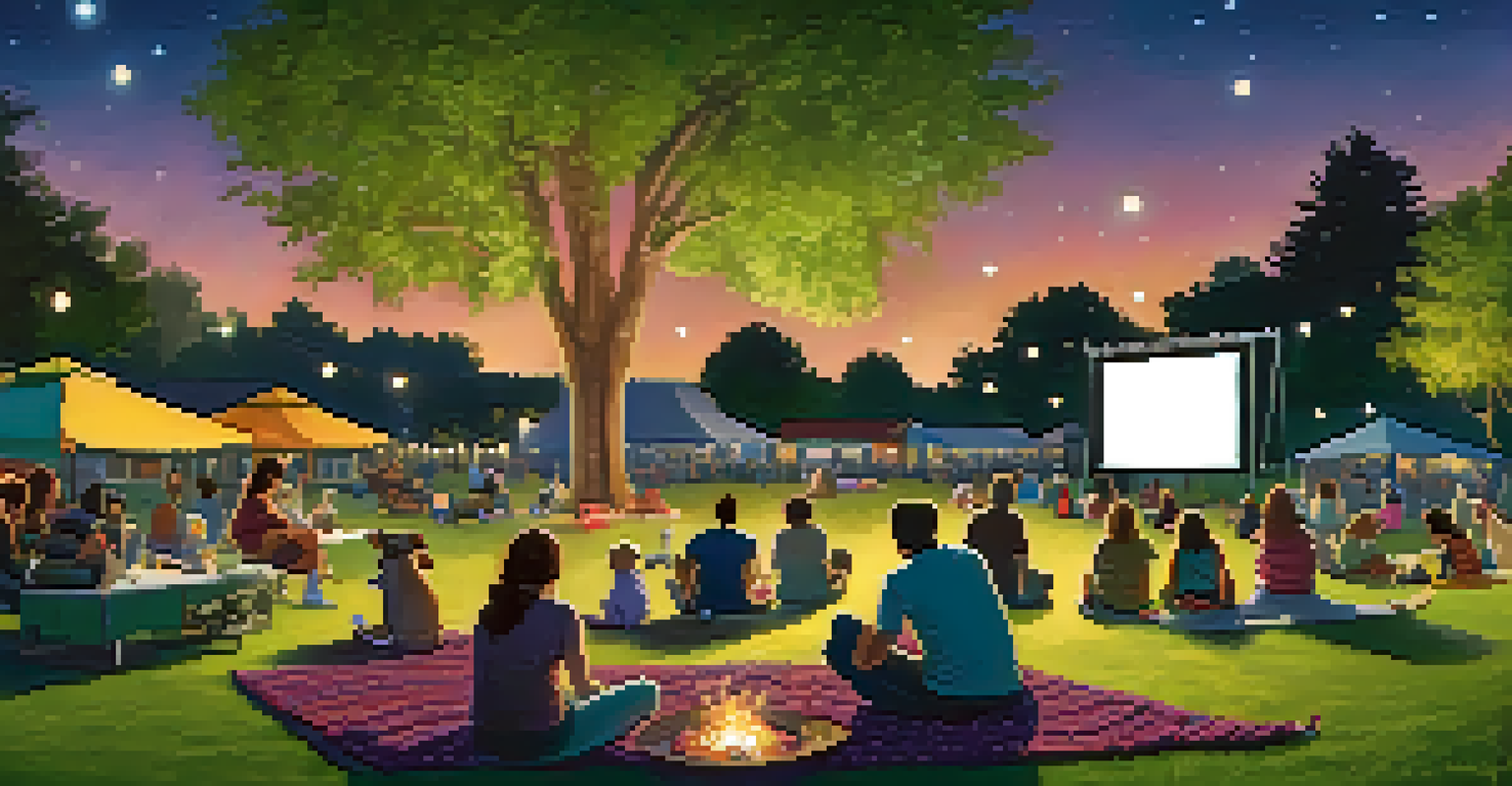 A delightful dog-friendly movie night in Pasadena with families on blankets under stars, watching a film with their pets.