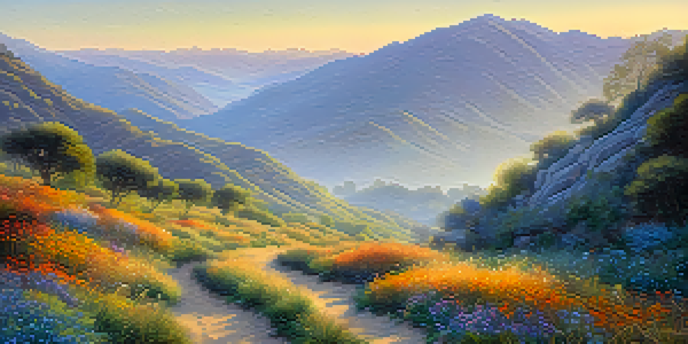 A tranquil morning in Eaton Canyon with wildflowers, deer, and misty mountains.