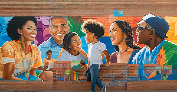 A colorful mural representing a diverse community, with people engaging in cultural activities against a brick wall.