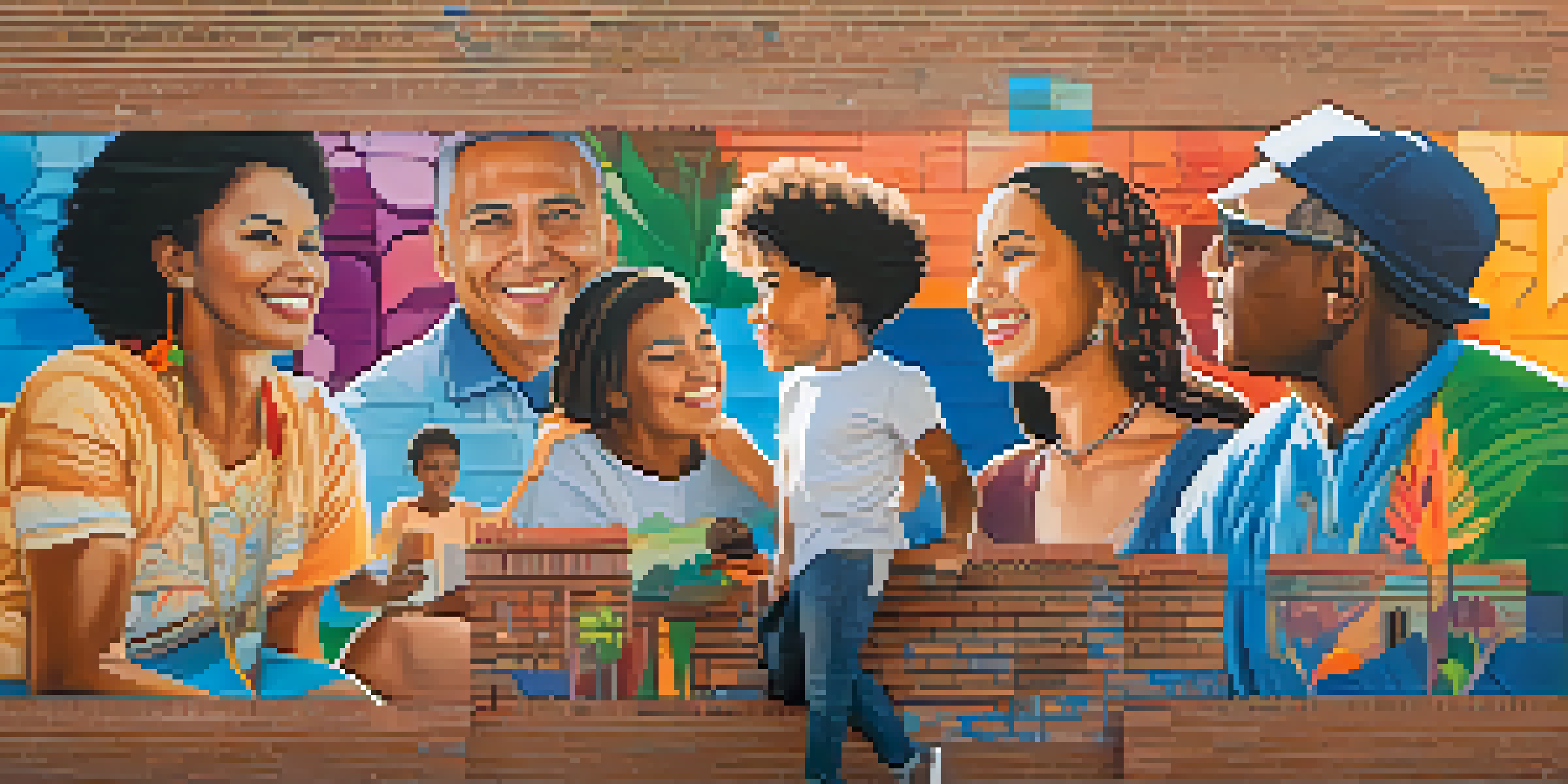 A colorful mural representing a diverse community, with people engaging in cultural activities against a brick wall.