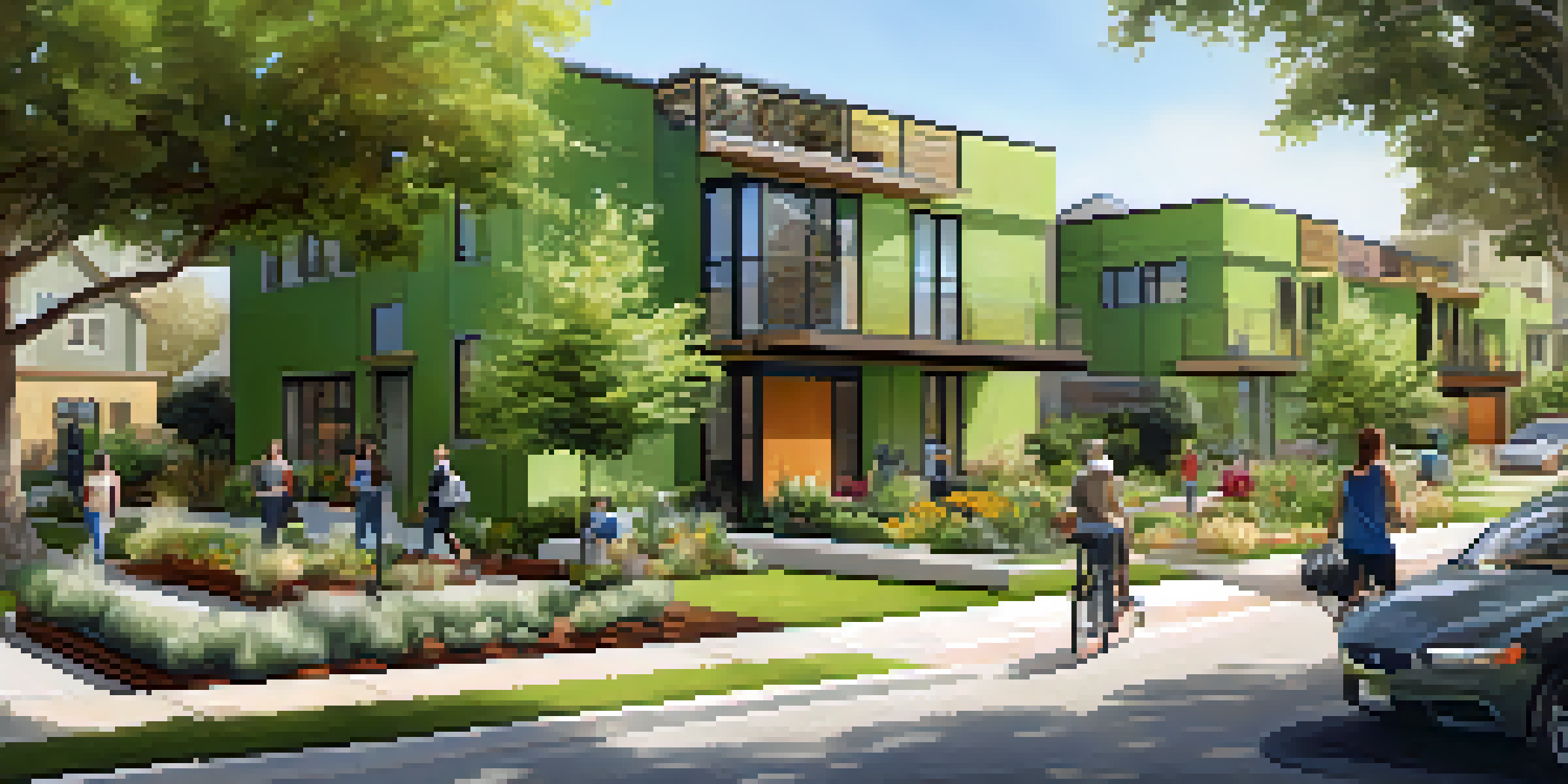 A sunny neighborhood in Pasadena with eco-friendly buildings featuring solar panels and green roofs, surrounded by greenery and residents enjoying outdoor activities.