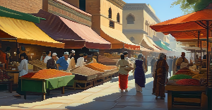 A busy ancient marketplace in Pasadena with traders and colorful goods under warm sunlight.