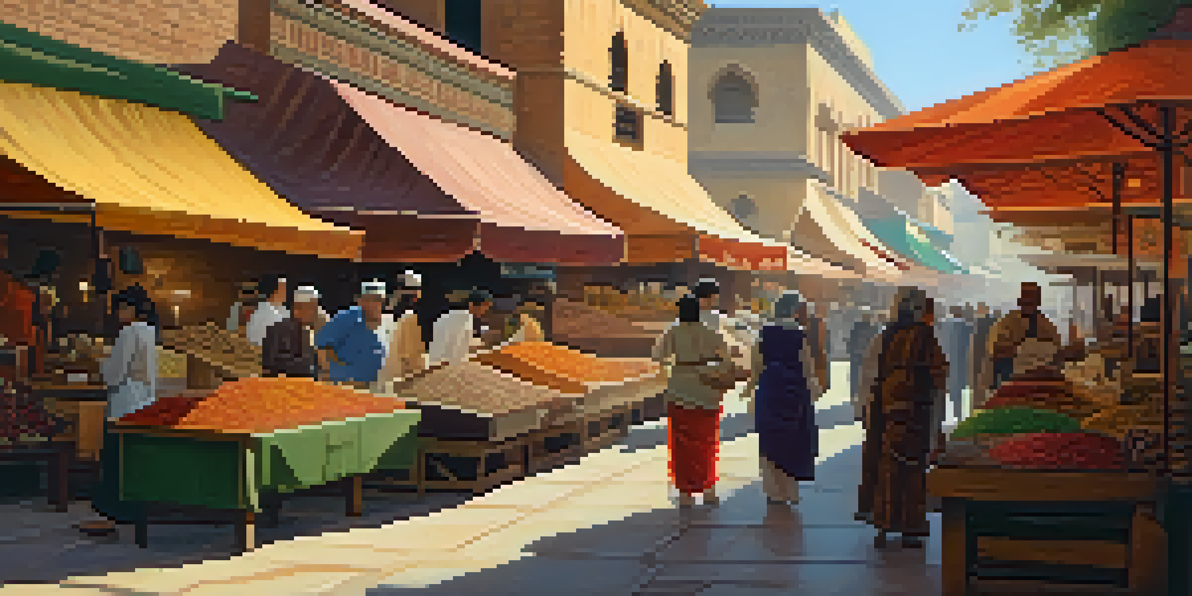 A busy ancient marketplace in Pasadena with traders and colorful goods under warm sunlight.
