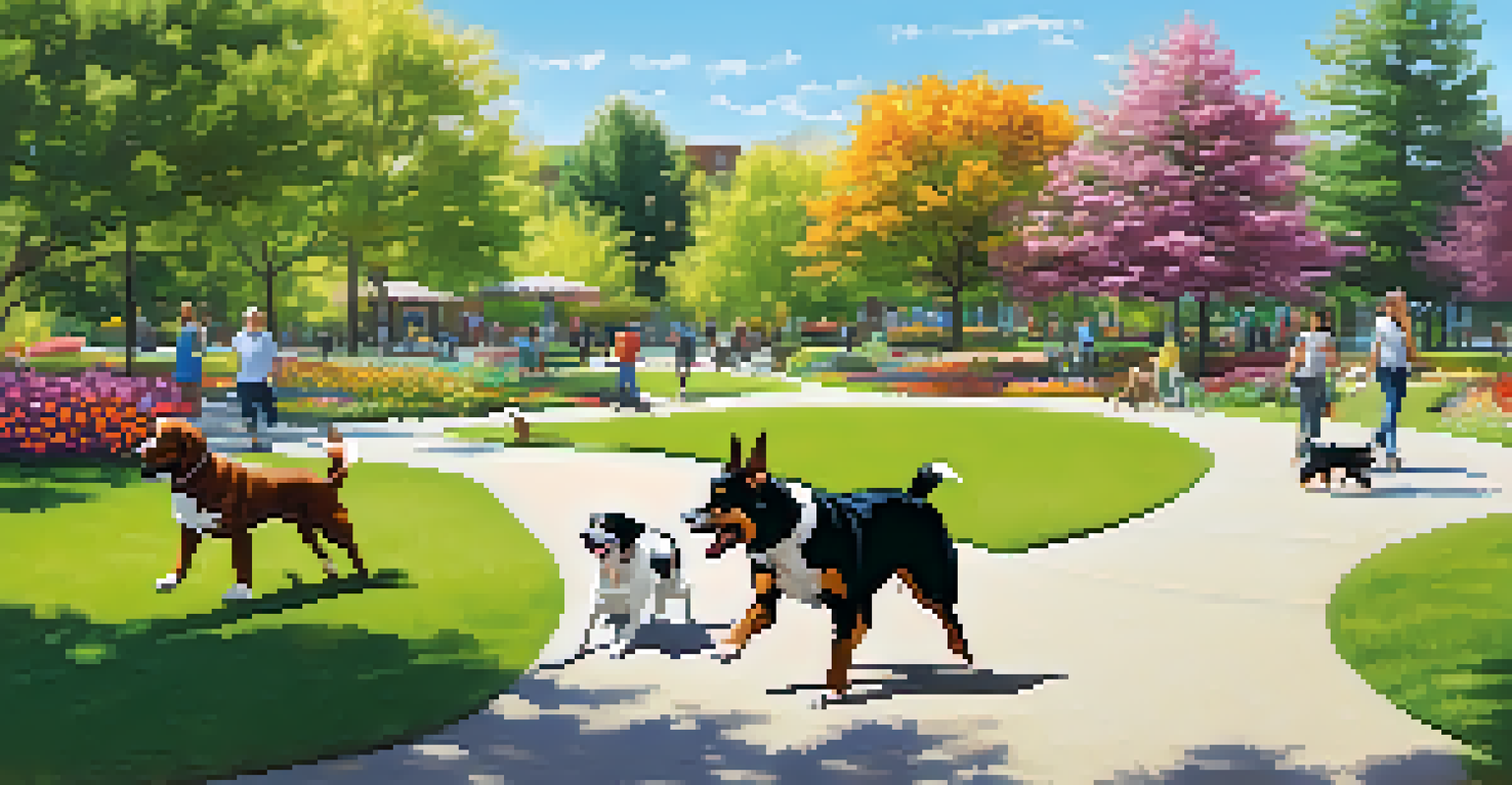 Various dogs play in a designated area of Brookside Park, with owners enjoying the sunny day.
