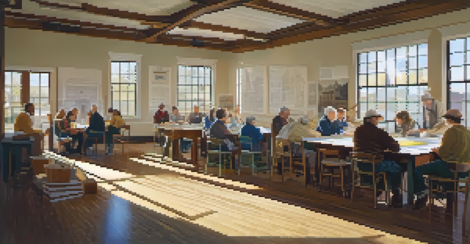 A workshop on historic preservation with attendees discussing blueprints in a community center, surrounded by posters of historic buildings and bright sunlight.