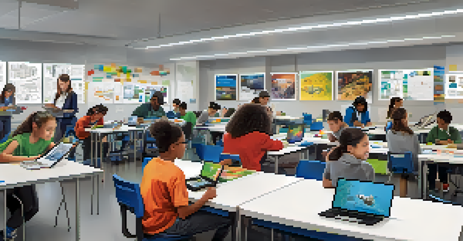 A diverse group of students collaborating on a robotics project in a modern classroom filled with educational materials.