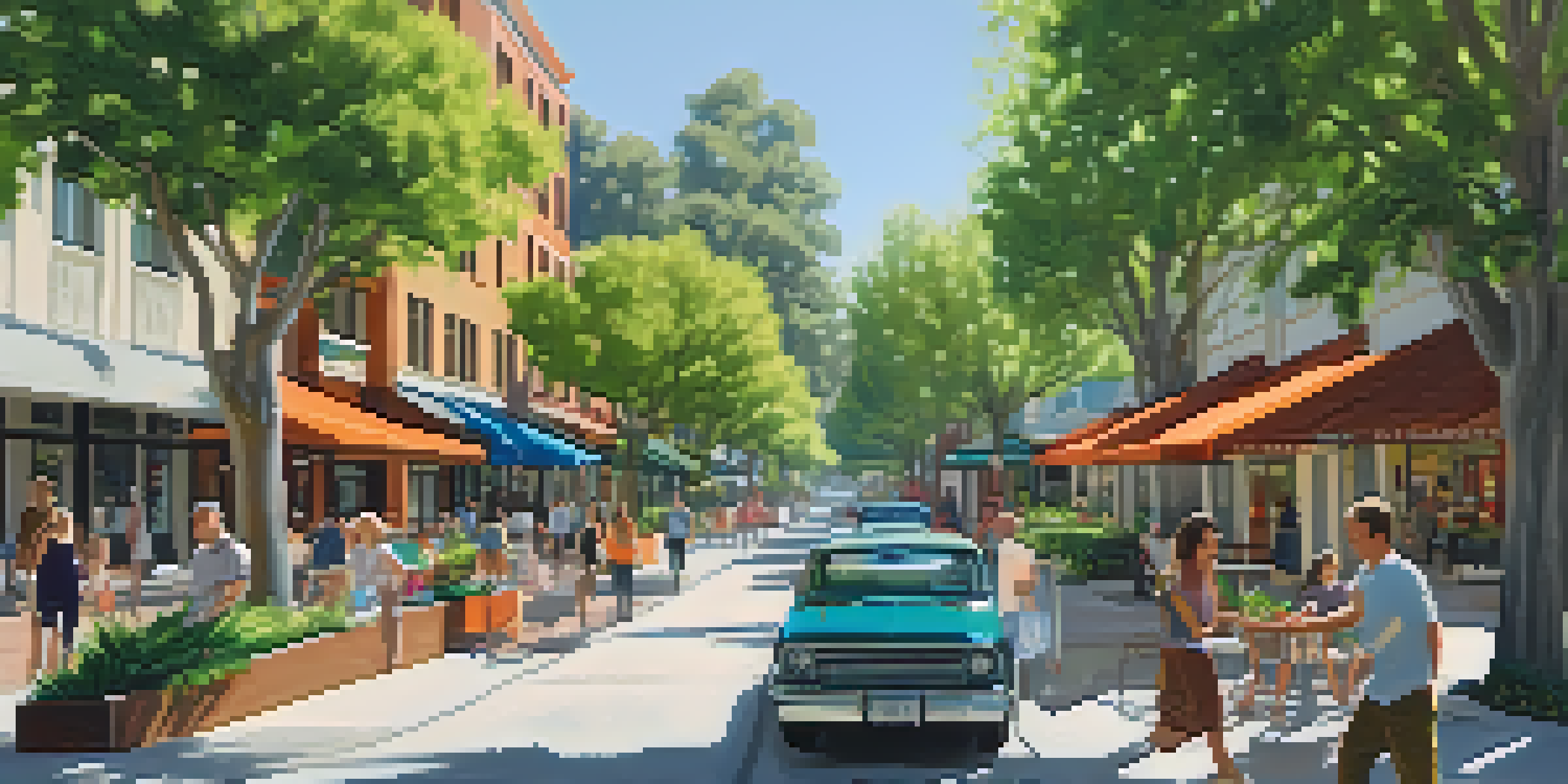 A lively street scene in Pasadena with modern buildings, shops, and parks, filled with families enjoying the outdoors.