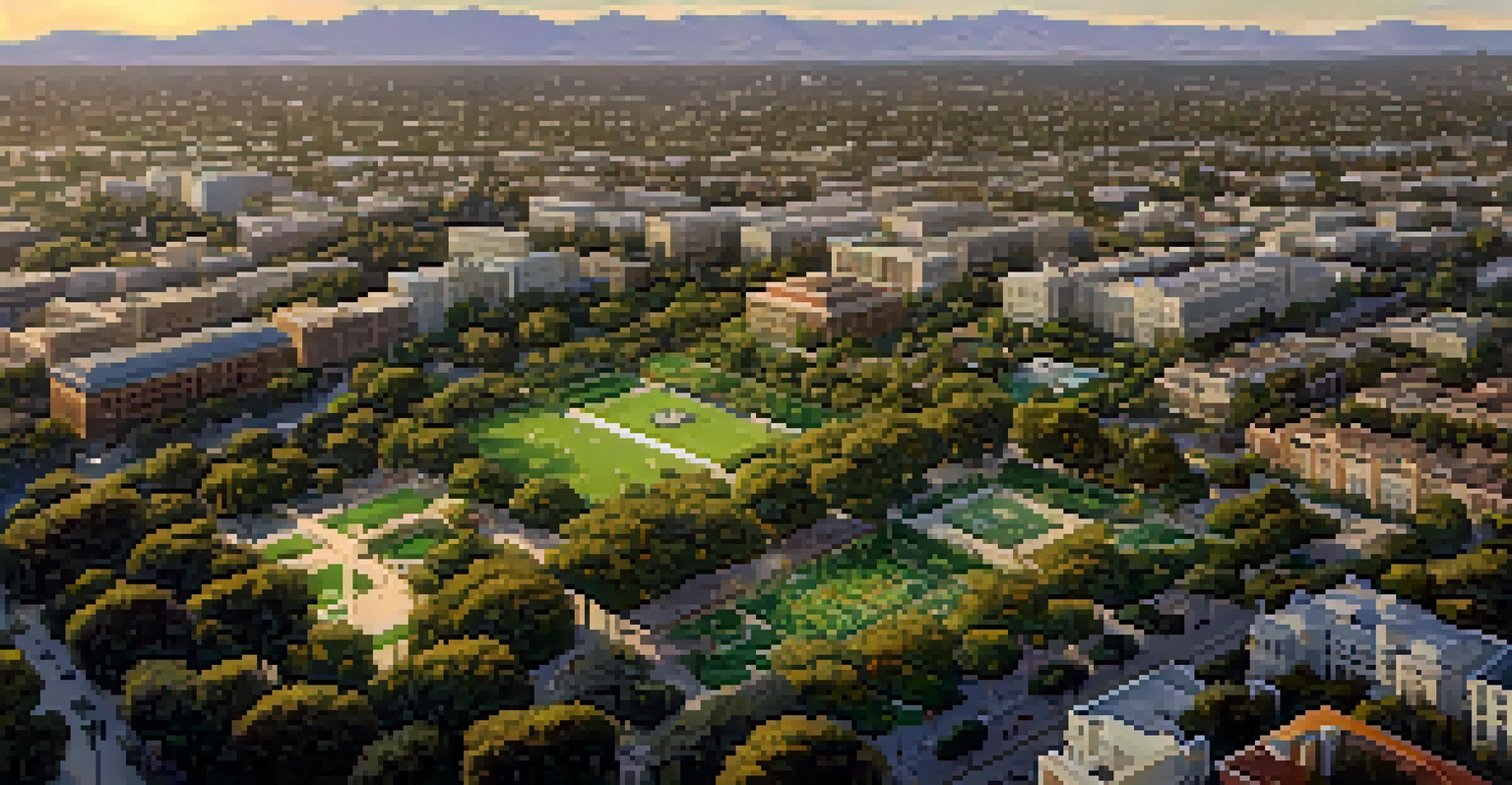 Aerial view of Pasadena showing green spaces, parks, and residential areas under a golden sunset, reflecting urban biodiversity.