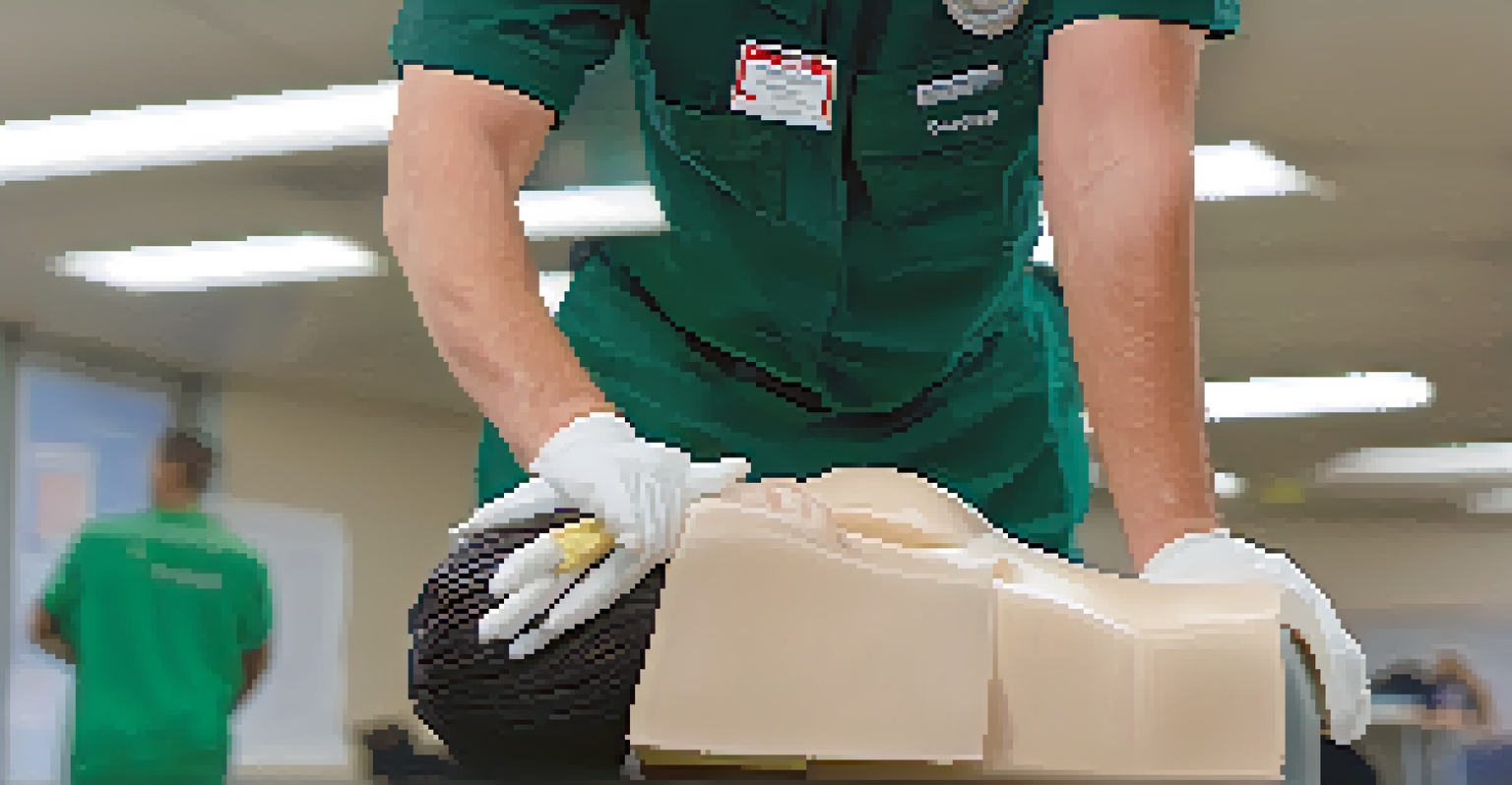 A close-up of a CERT volunteer demonstrating CPR on a training mannequin in a classroom setting, showcasing focus and skill.
