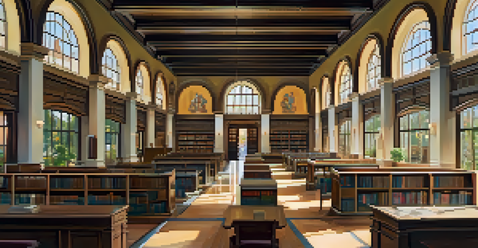 Interior of the Pasadena Public Library featuring ornate architecture, murals, and sunlight illuminating the space.