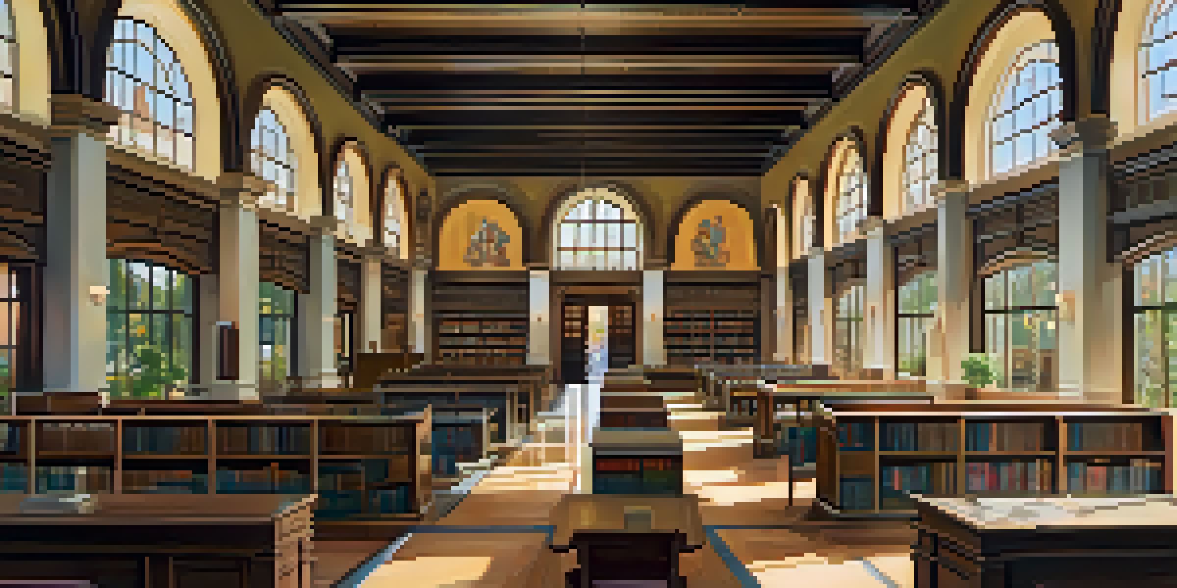 Interior of the Pasadena Public Library featuring ornate architecture, murals, and sunlight illuminating the space.