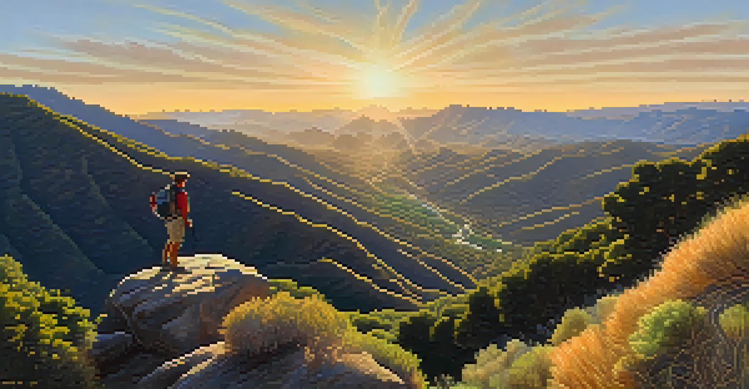 A hiker at the top of a hill in Arroyo Seco, with a panoramic view of diverse terrain and mountains at sunset, symbolizing outdoor fitness and adventure.