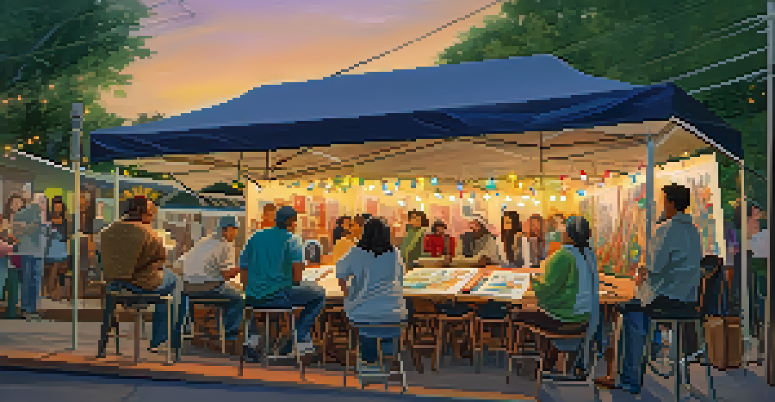 A community workshop with residents and artists collaborating on a mural design under colorful lights.