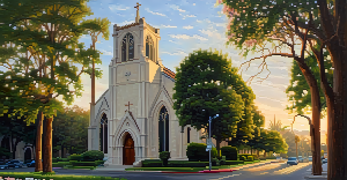 A historic church in Pasadena, featuring Gothic Revival architecture and stained glass windows, bathed in golden sunset light with greenery and flowers around it.