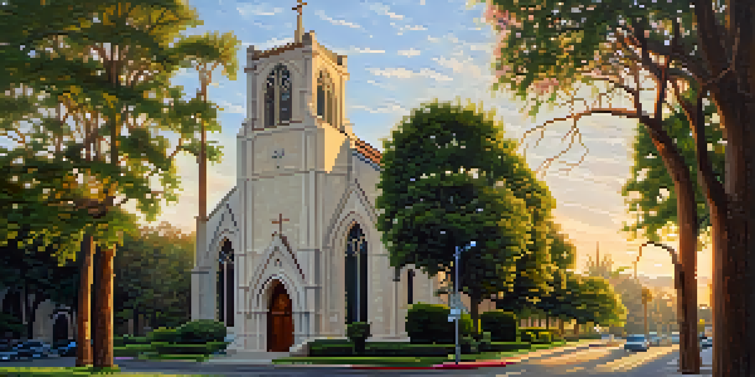 A historic church in Pasadena, featuring Gothic Revival architecture and stained glass windows, bathed in golden sunset light with greenery and flowers around it.