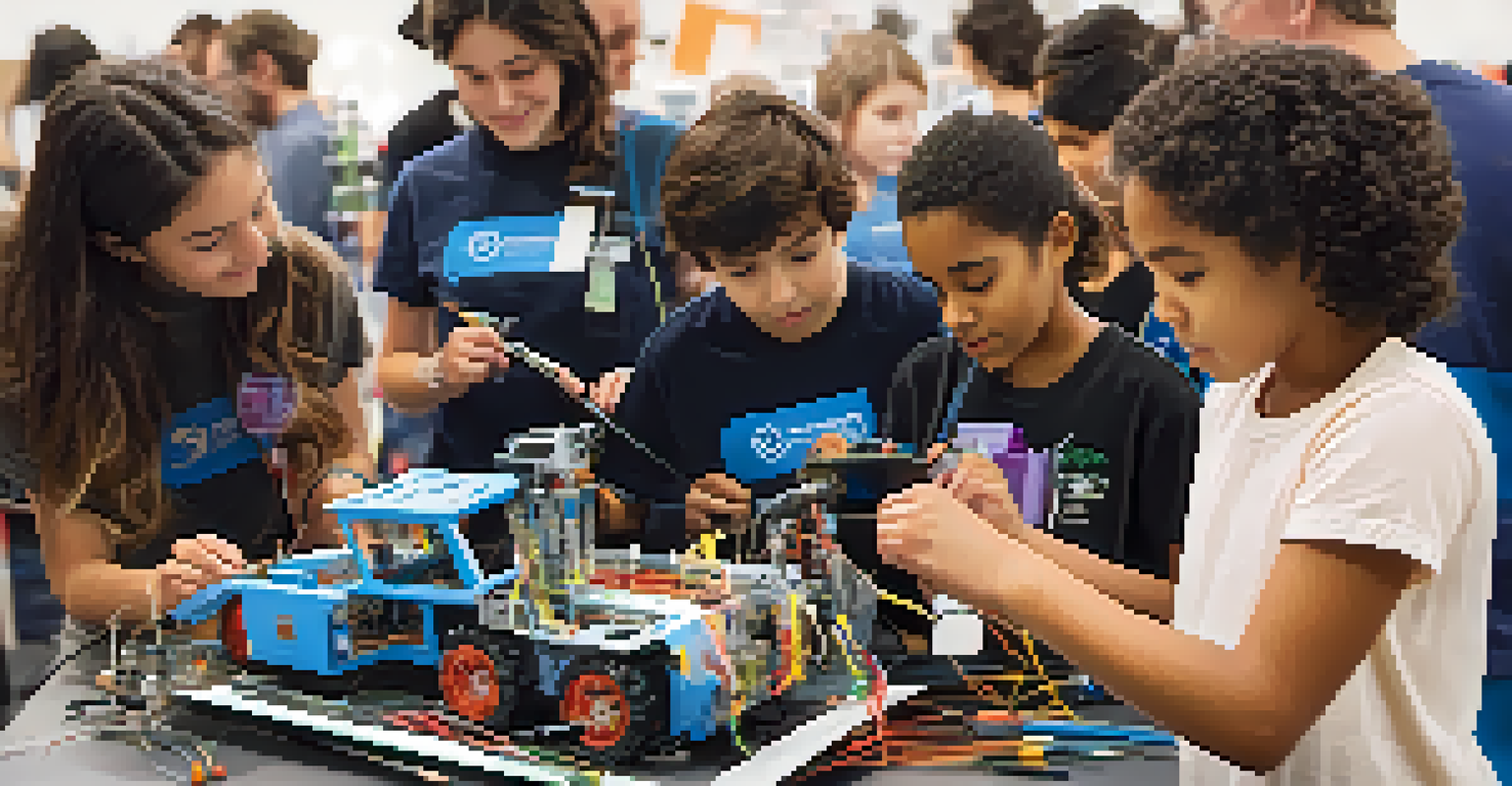 A workshop scene with participants working together on a robotics project, guided by an expert.