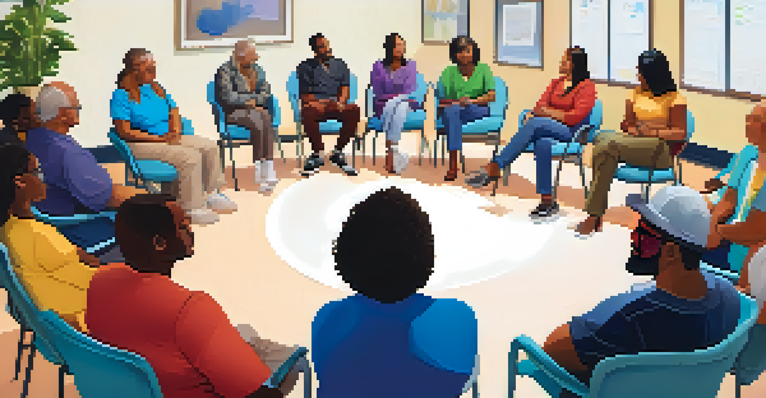 A supportive community group meeting with diverse individuals sharing their experiences in a bright and inviting space.