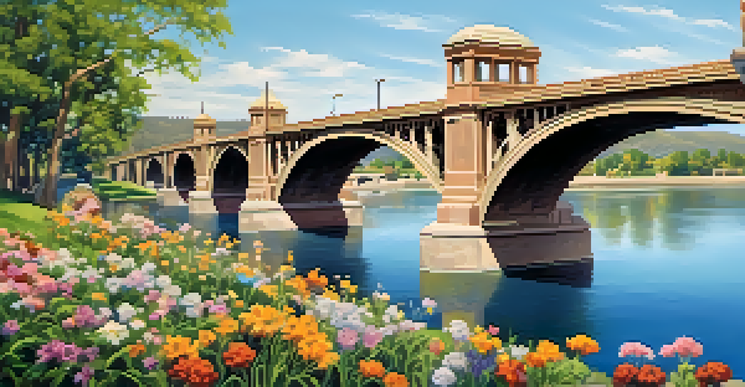 The restored Colorado Street Bridge in Pasadena, surrounded by flowers, with people biking and walking along the river under a clear blue sky.