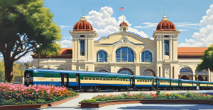 Historic Pasadena Union Station with a vintage train, surrounded by greenery and flowers under a blue sky.