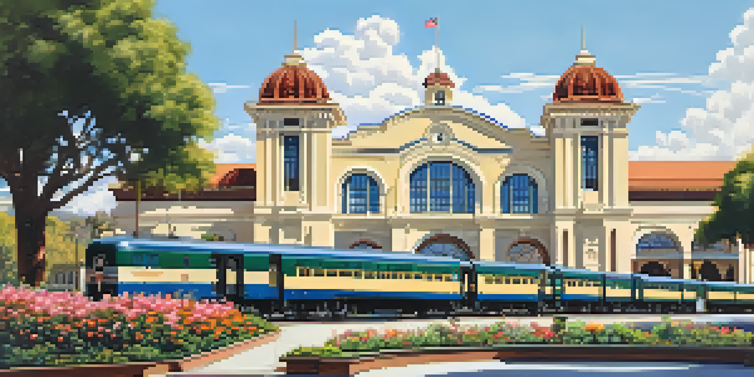 Historic Pasadena Union Station with a vintage train, surrounded by greenery and flowers under a blue sky.