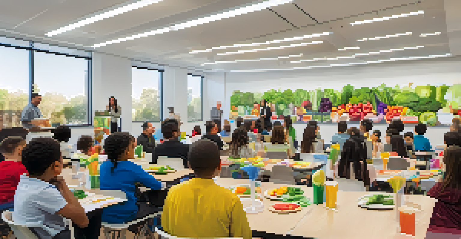 A nutrition workshop in a bright classroom with attendees listening to a presenter and colorful fruits on a table.