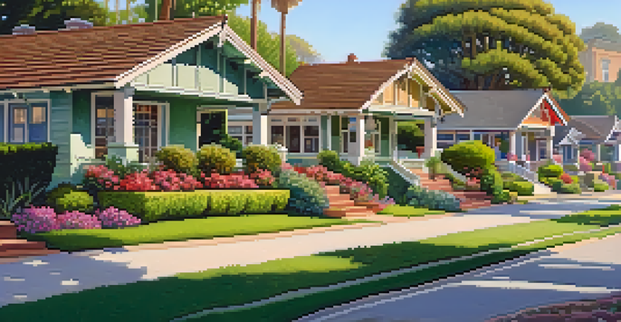 A scenic view of a tree-lined street with Craftsman-style bungalows surrounded by colorful gardens in Bungalow Heaven, Pasadena.