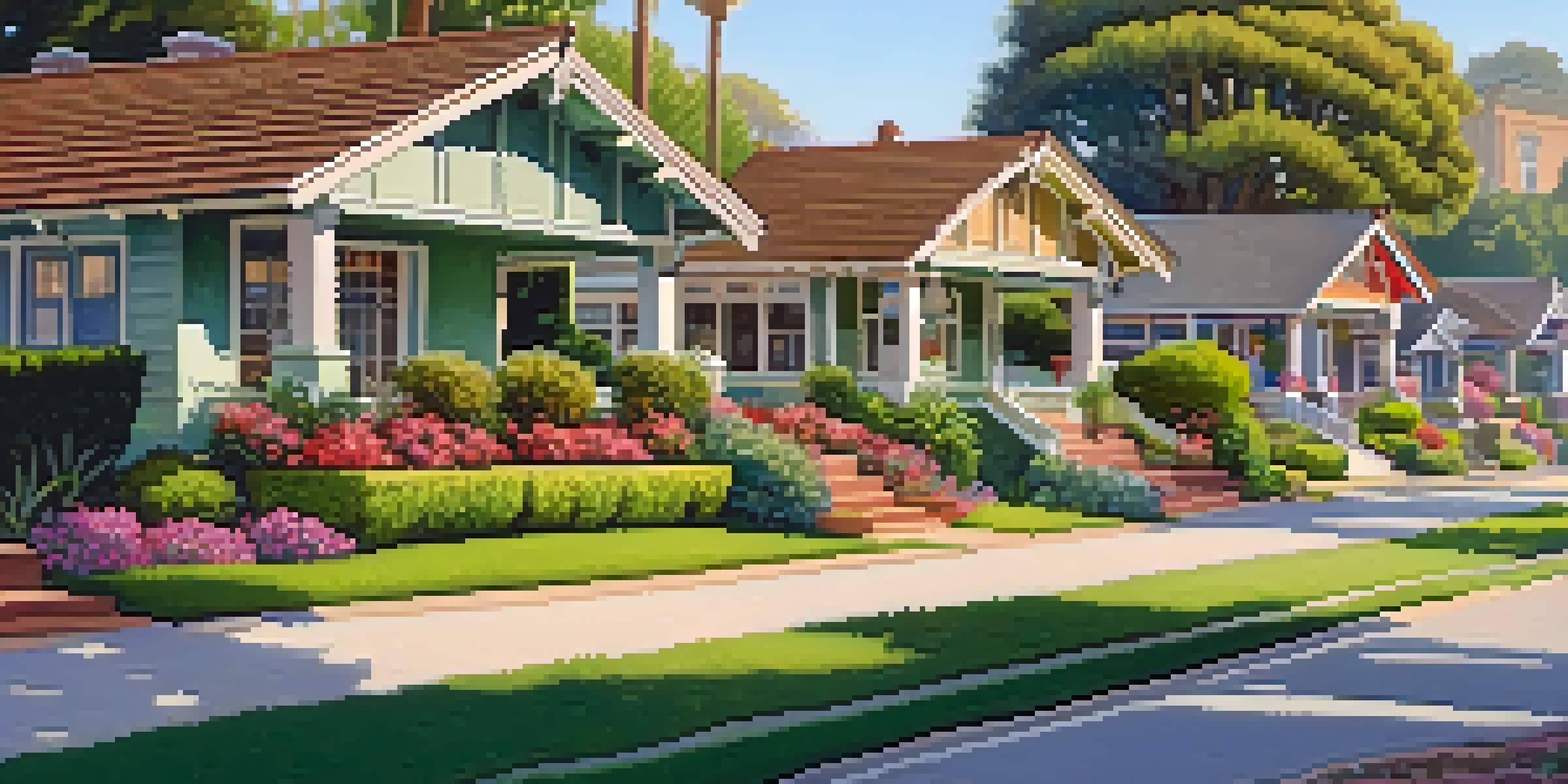 A scenic view of a tree-lined street with Craftsman-style bungalows surrounded by colorful gardens in Bungalow Heaven, Pasadena.