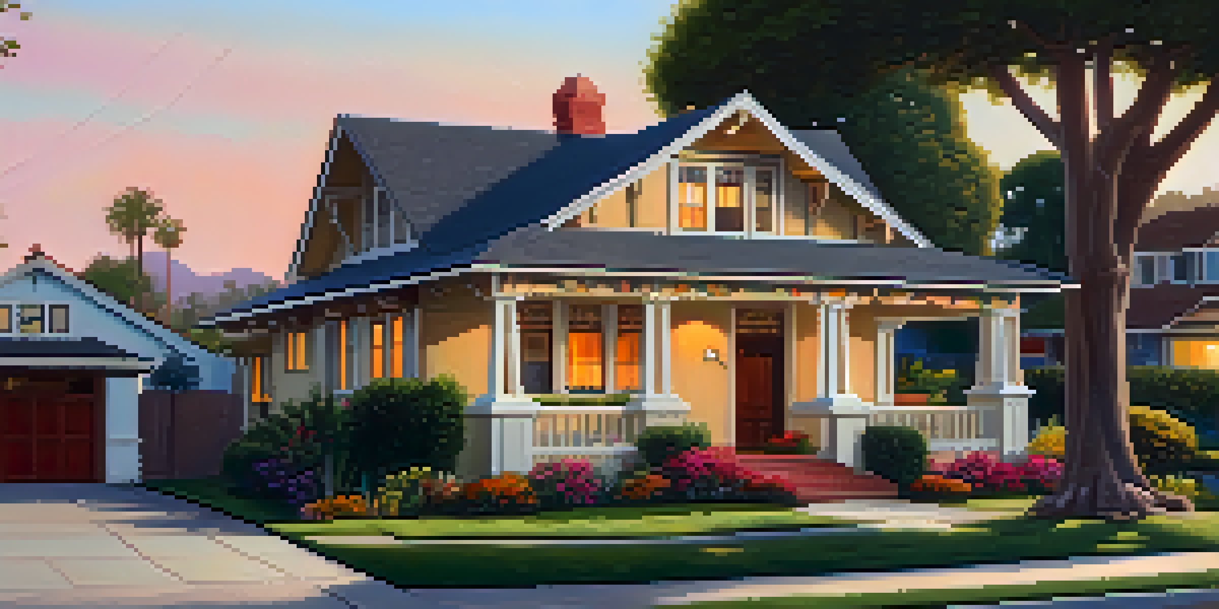 A sunny Pasadena street with a beautiful Craftsman bungalow and blooming gardens, showcasing a warm family atmosphere during sunset.