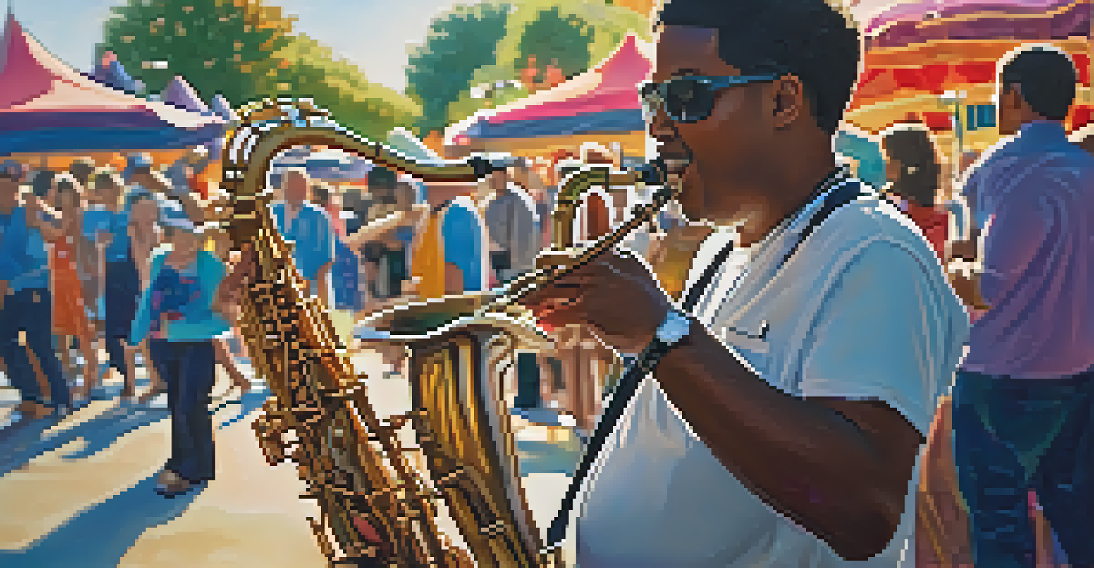 A close-up of a saxophonist performing at a jazz festival, with a blurred background of colorful festival decorations.