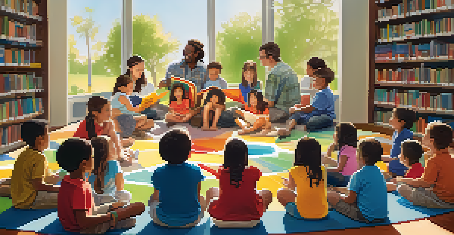 Children engaged in a summer reading program at a library, listening to a storyteller surrounded by colorful books.