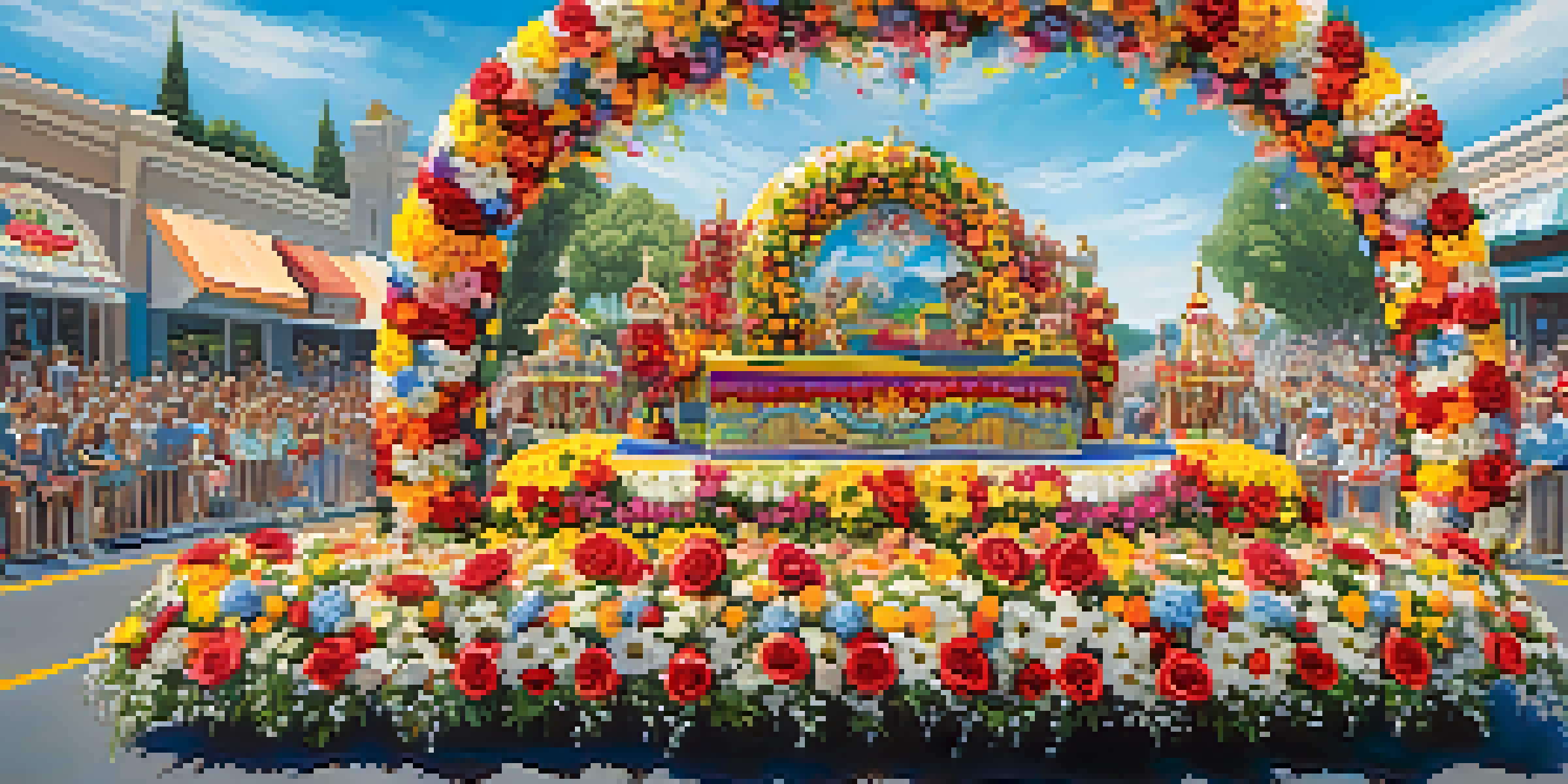 A colorful Rose Parade float decorated with various flowers, bright blue sky in the background, and excited spectators watching.