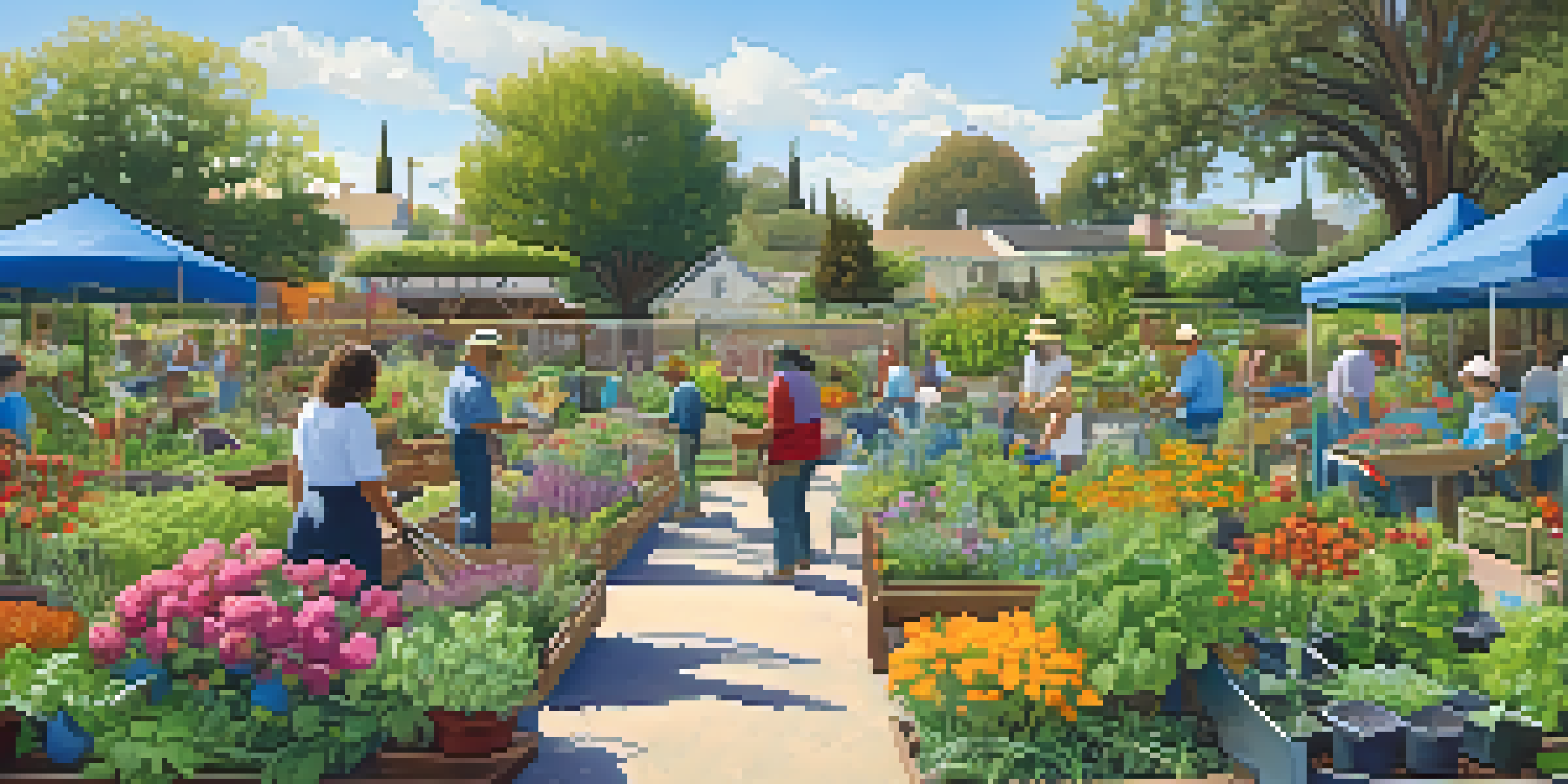 A community garden in Pasadena where neighbors are gardening together, surrounded by colorful plants and flowers under a sunny sky.