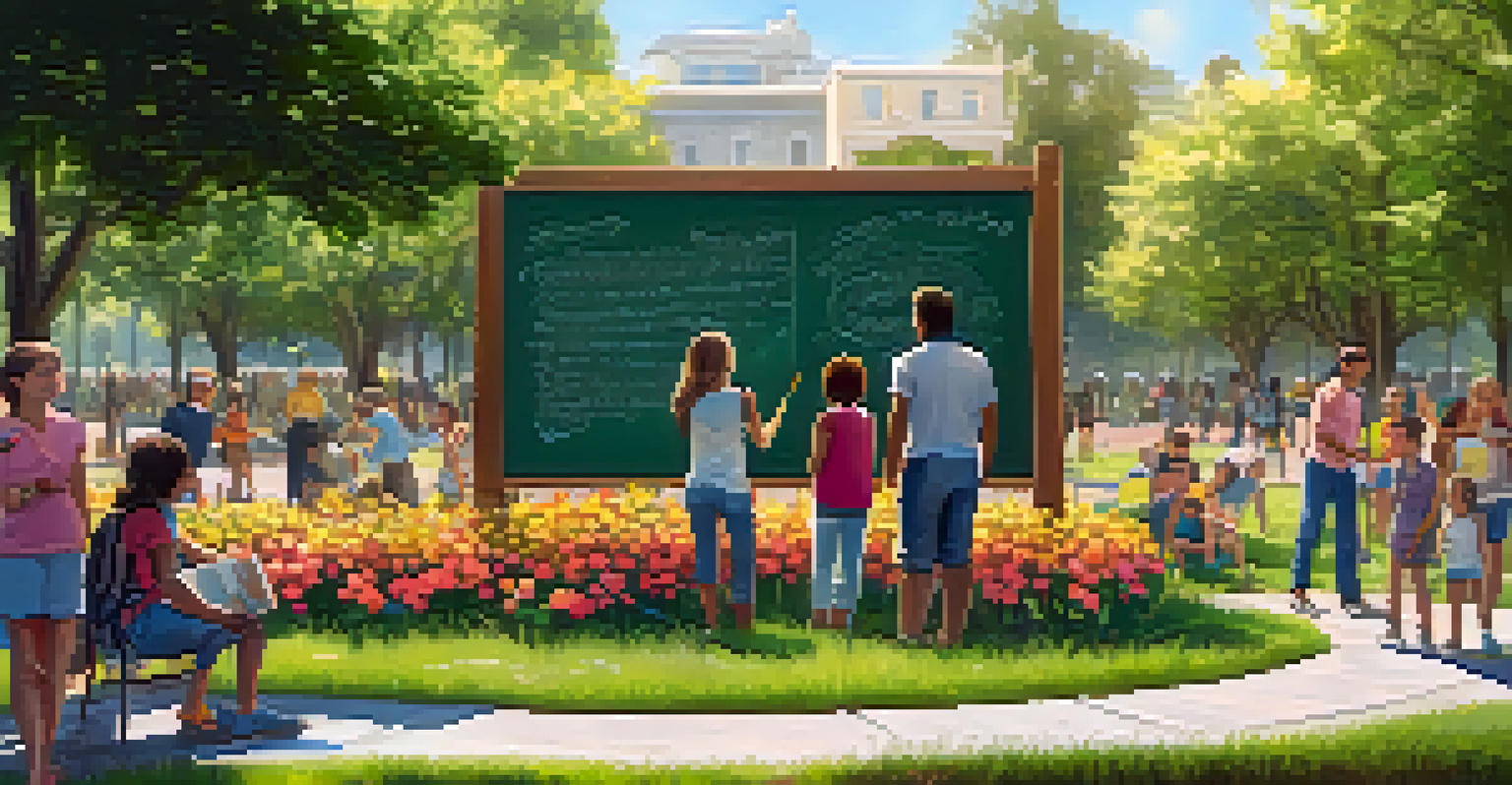 An interactive chalkboard installation in a park, with people of various ages drawing and writing, surrounded by greenery.