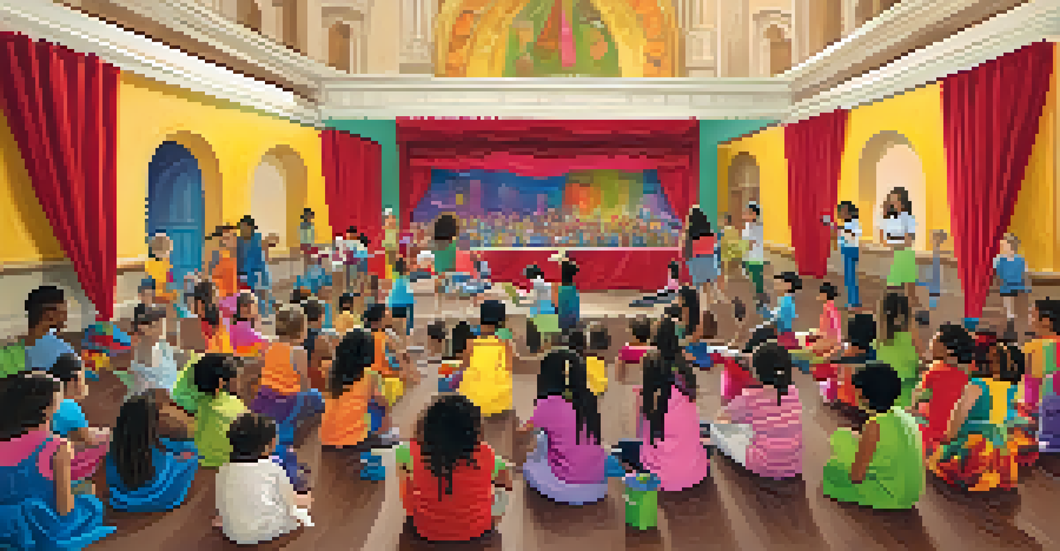 Children participating in a drama workshop at a Pasadena theater, surrounded by colorful props and an instructor guiding them.