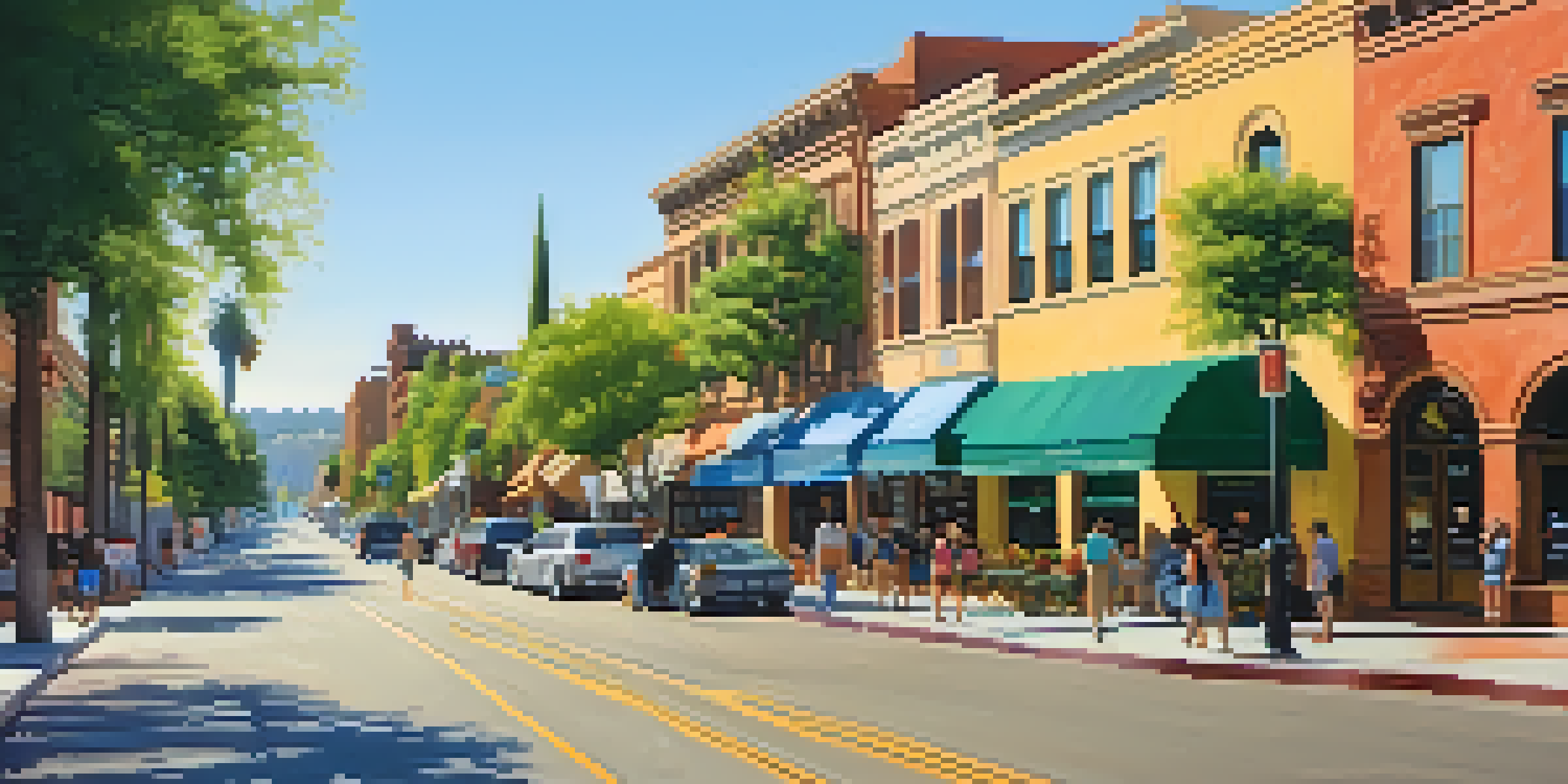 A lively street in Old Town Pasadena featuring historic buildings, shops, and people enjoying the day under clear skies.
