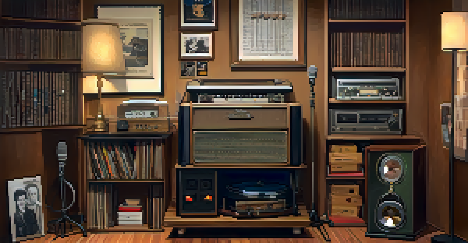 A cozy radio studio with cultural memorabilia, vinyl records, and warm lighting, reflecting Pasadena's rich heritage.