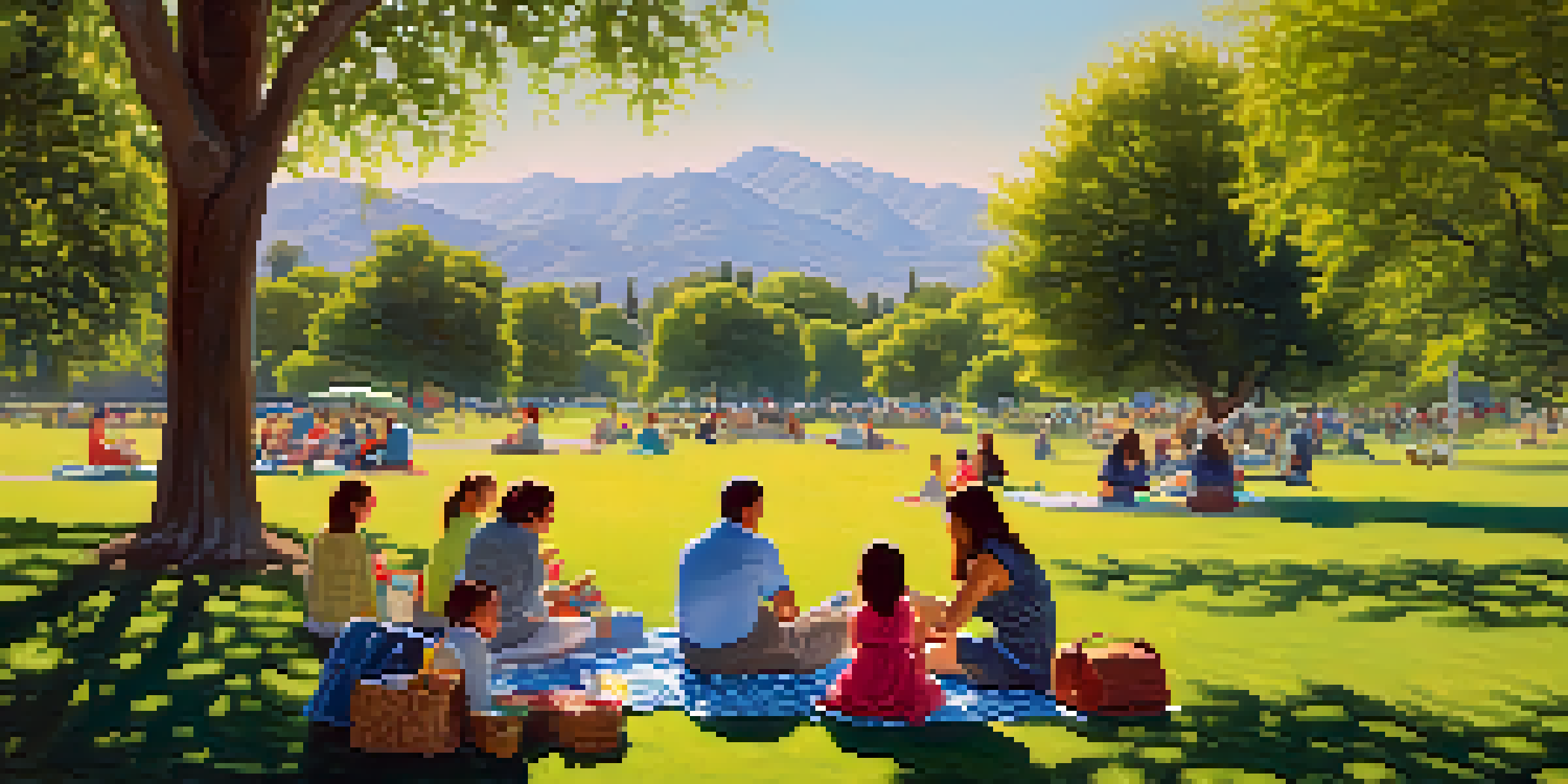 A family enjoying a picnic on a green lawn in Brookside Park, surrounded by trees and distant mountains.