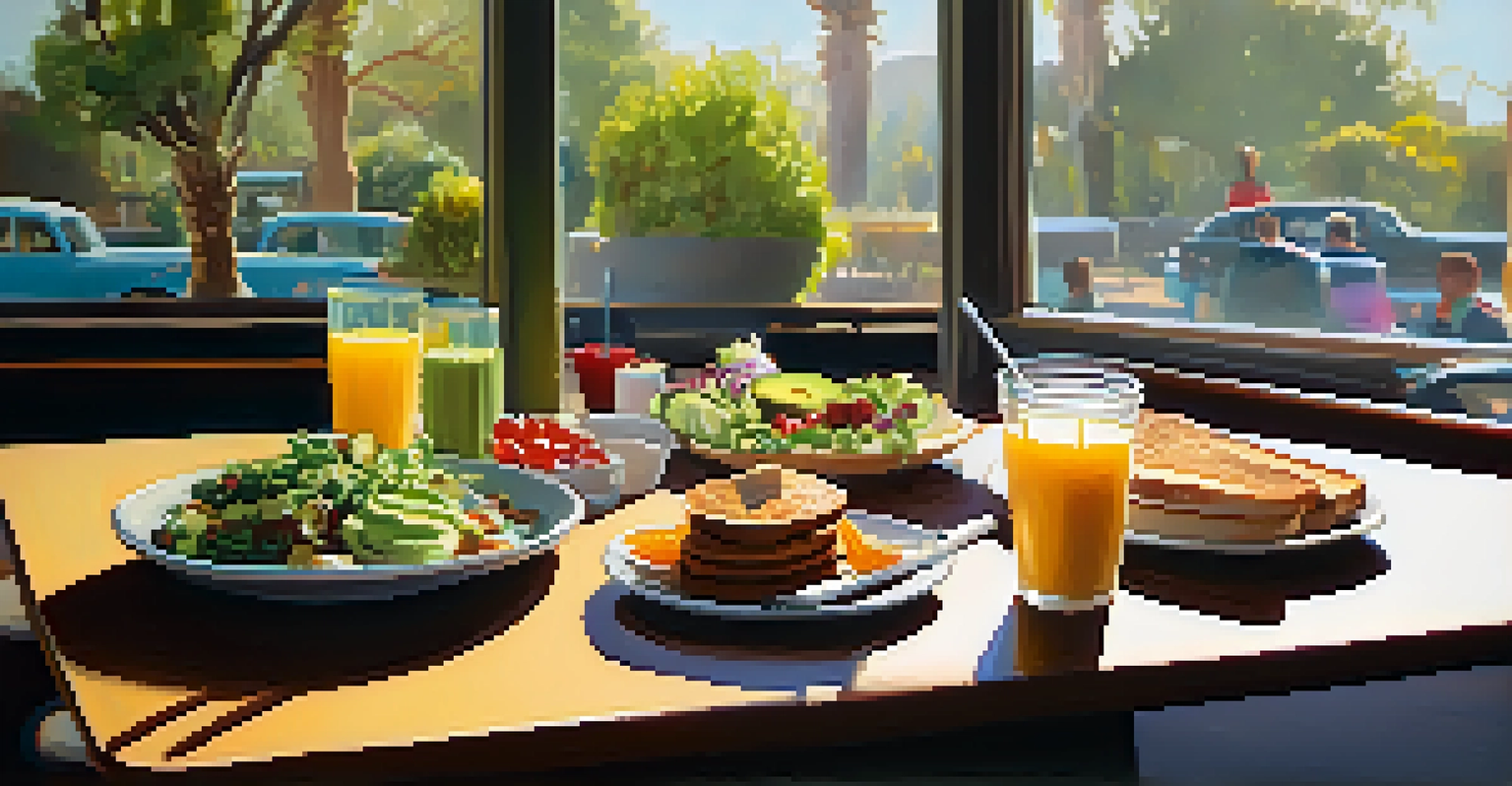 A cozy brunch table featuring colorful vegetarian dishes and smoothies in a café setting with soft morning light.