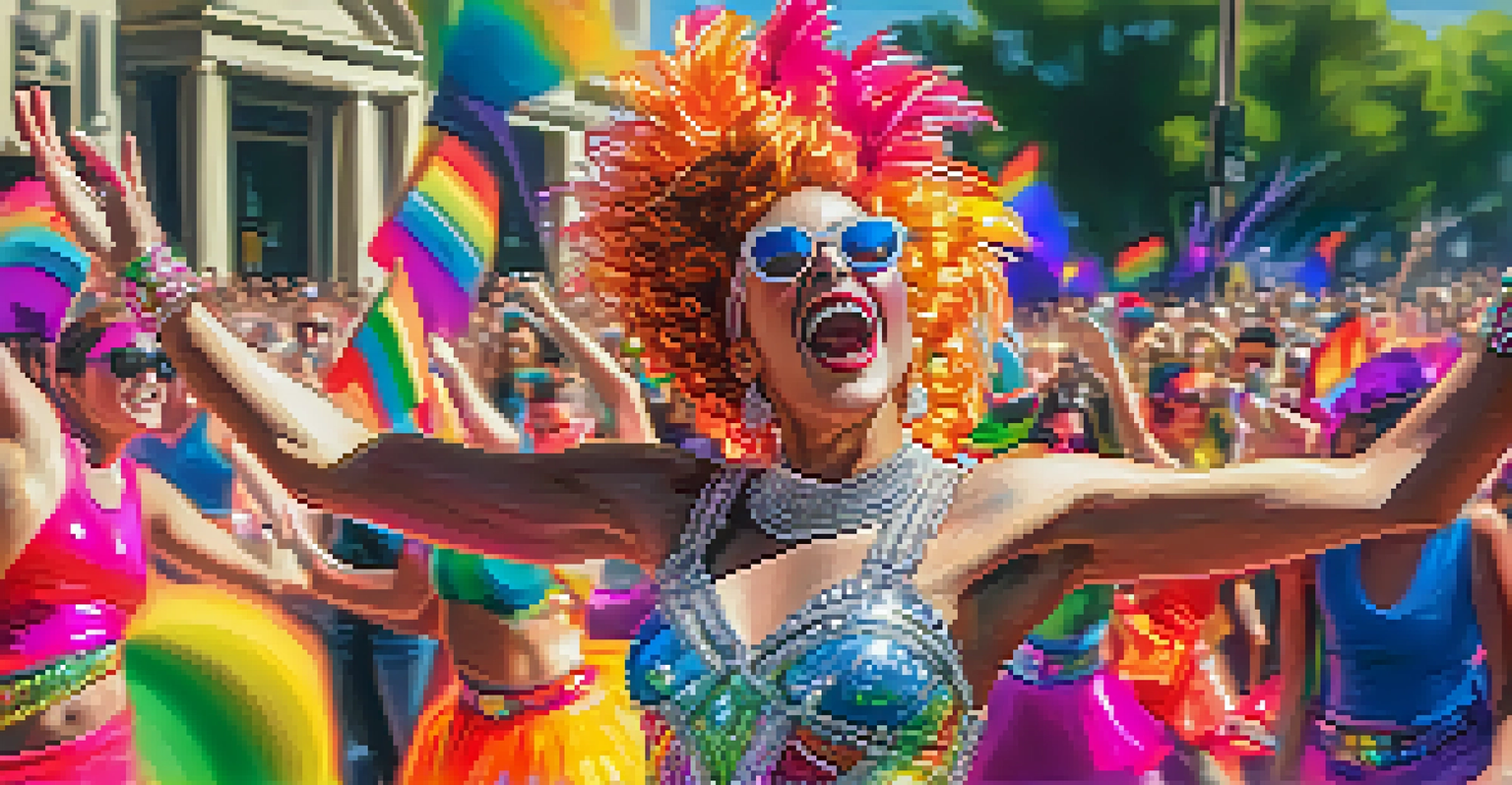 A close-up of a performer in a colorful costume and glittery makeup dancing during the Pride Parade, with a blurred crowd in the background.