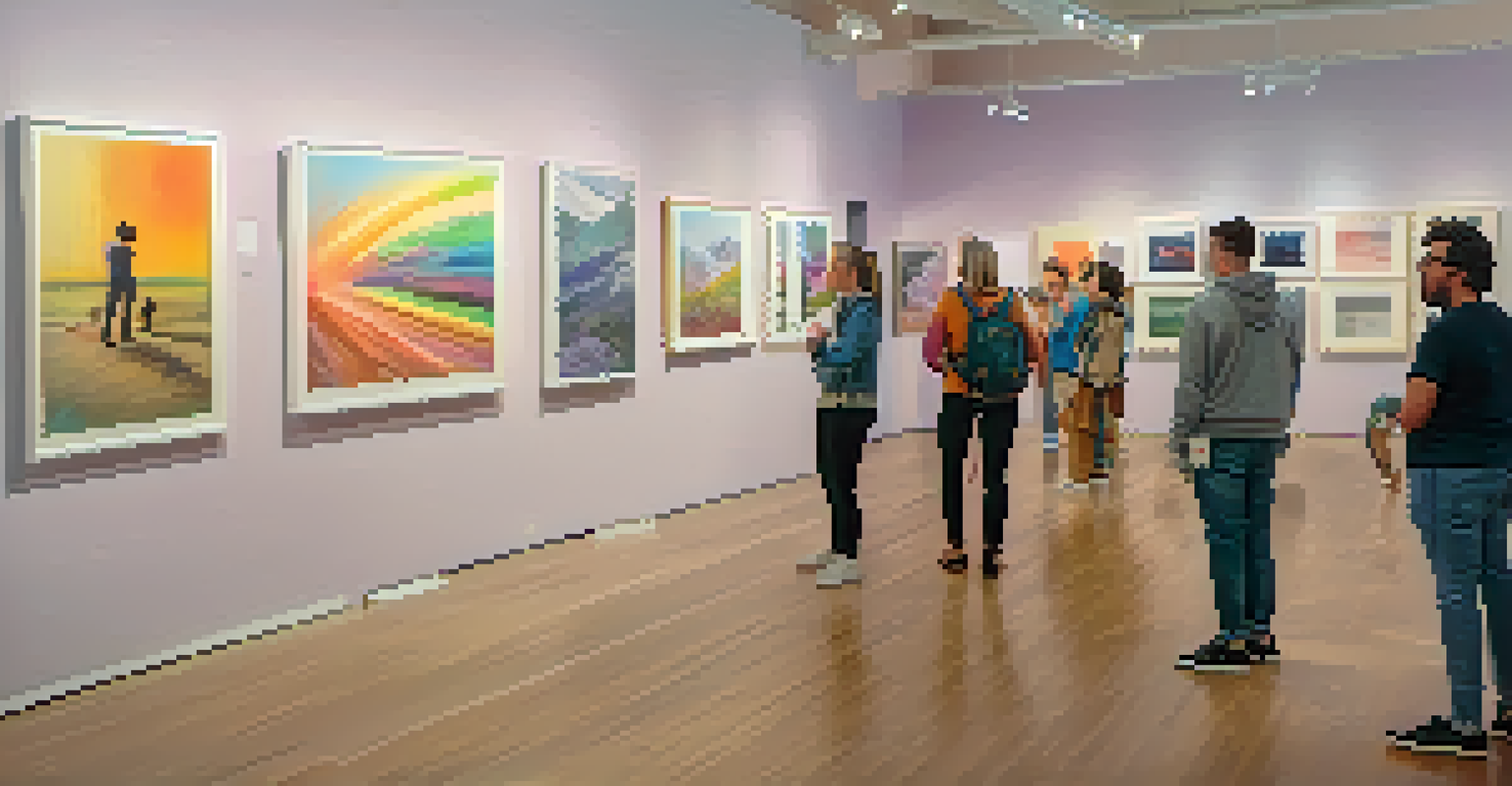 An interior view of an LGBTQ+ art exhibition, showcasing colorful artworks and engaged visitors in a bright gallery setting.