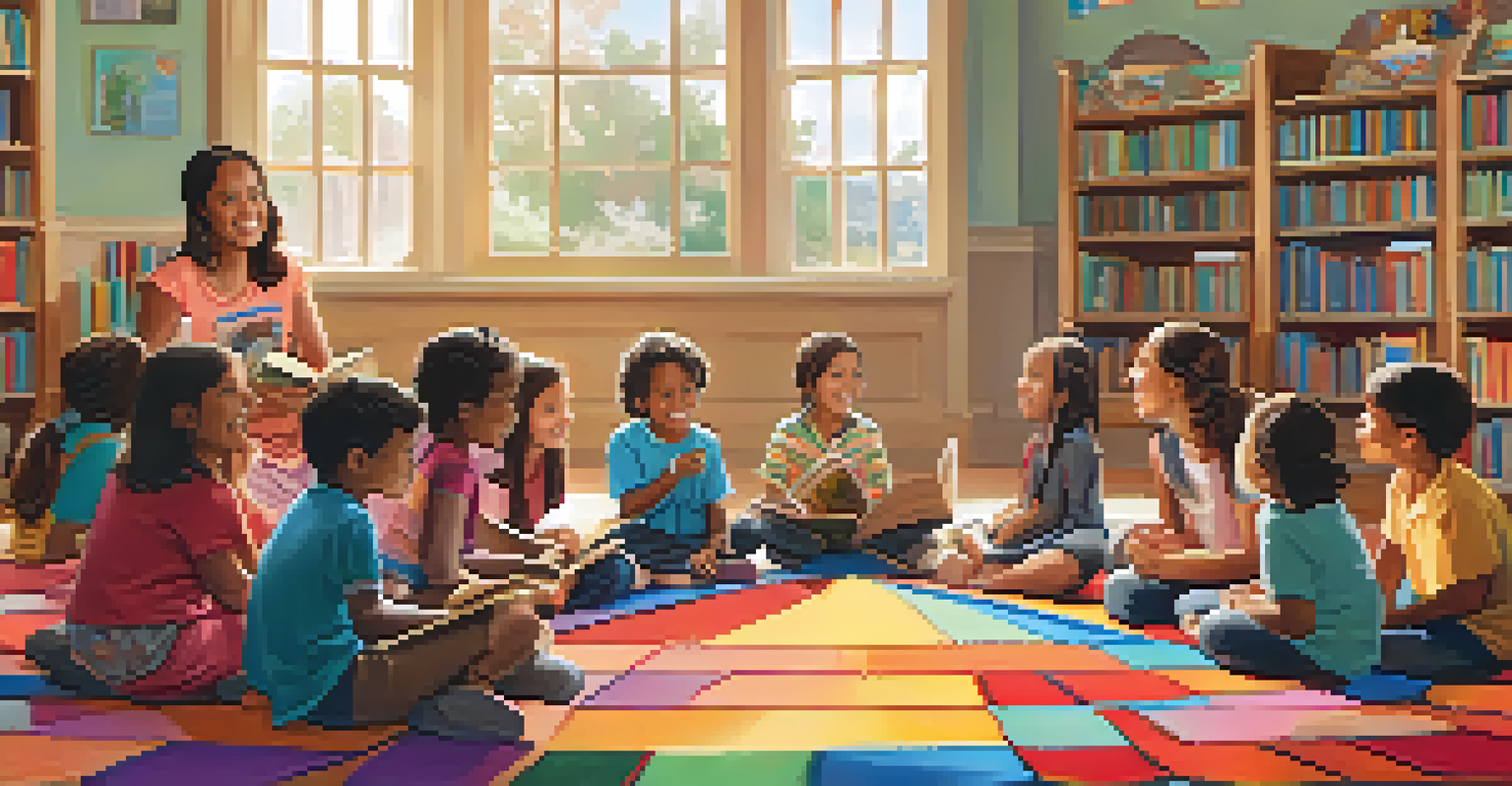 Children gathered in a library for a storytelling event, captivated by a storyteller reading a picture book in a colorful and inviting environment.