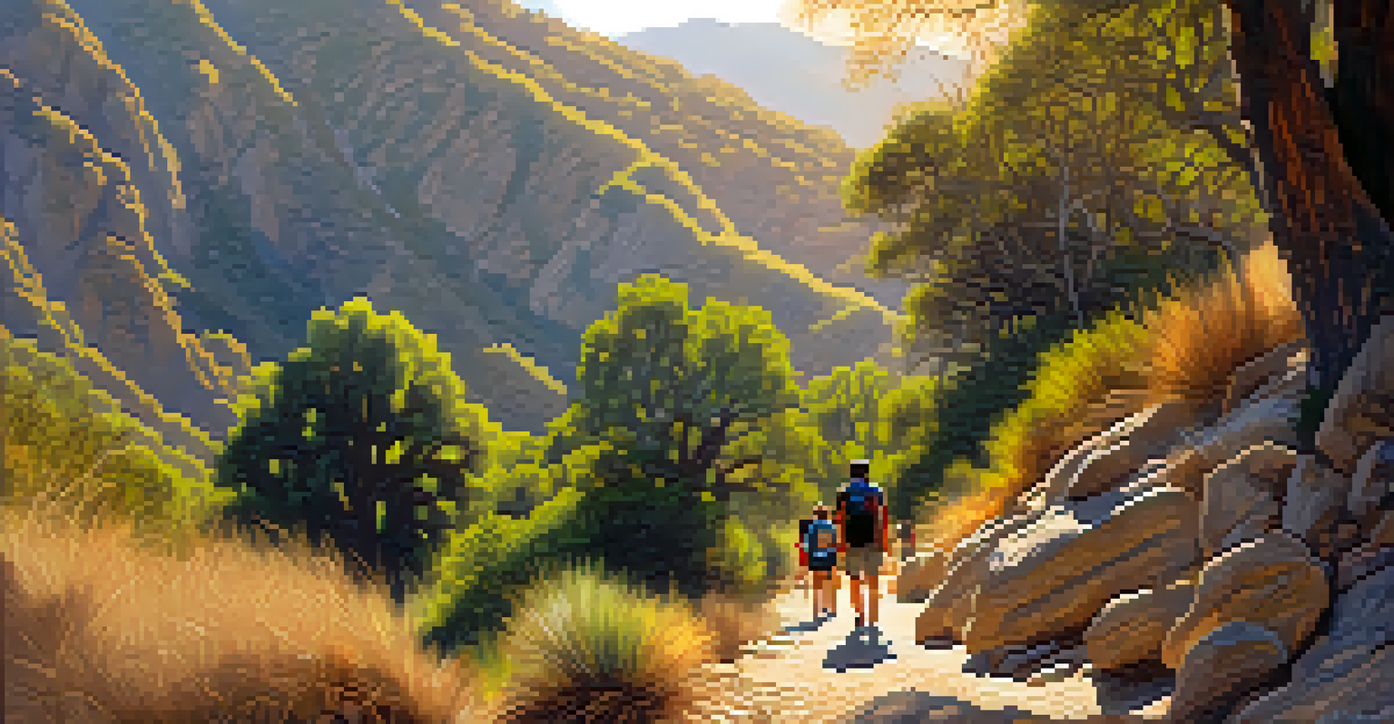 Hikers on a trail in Eaton Canyon Natural Area, with a waterfall and mountains in the background.