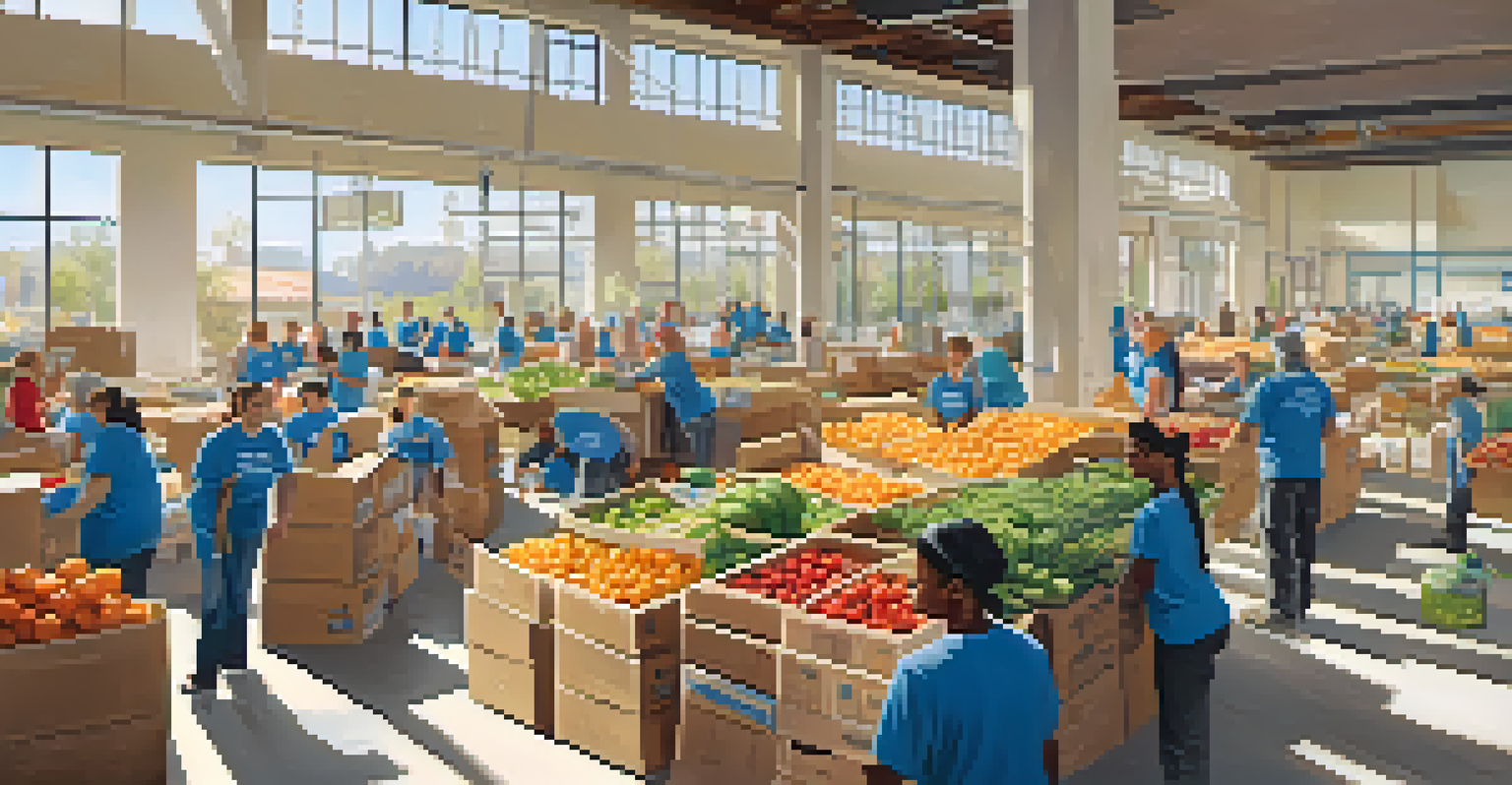Volunteers working diligently in a busy food bank, sorting and packing food donations in a well-lit space.