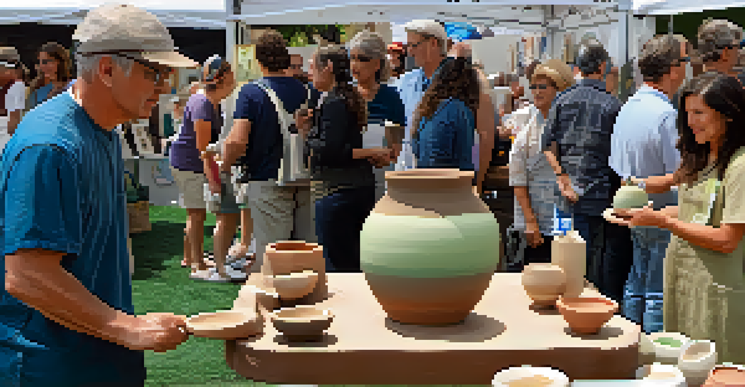 An artisan demonstrating pottery making at a craft fair, with attentive spectators and colorful finished pottery displayed in the background.