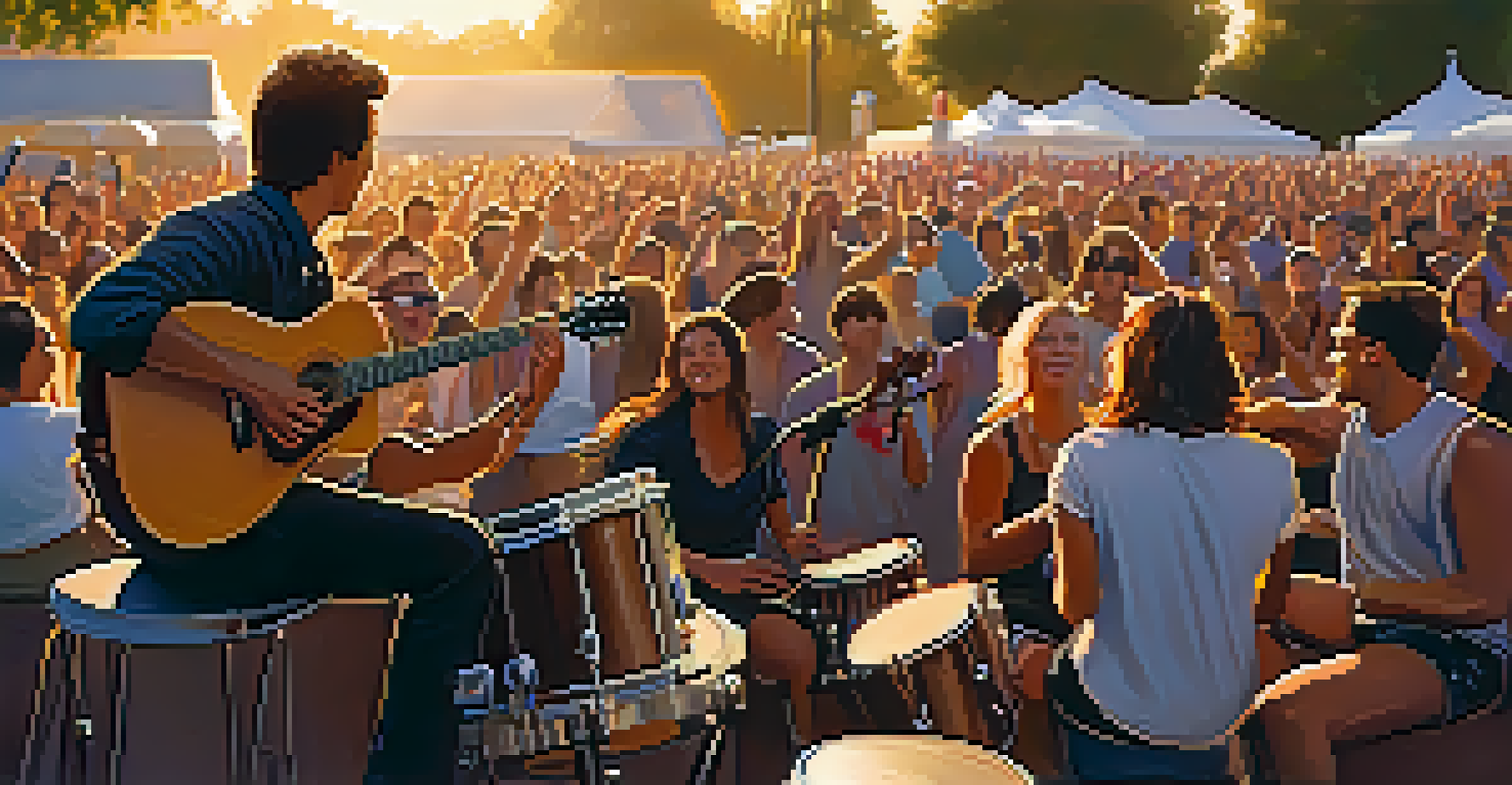 Local band performing at a Pasadena music festival during sunset, with musicians passionately playing instruments and an enthusiastic audience.