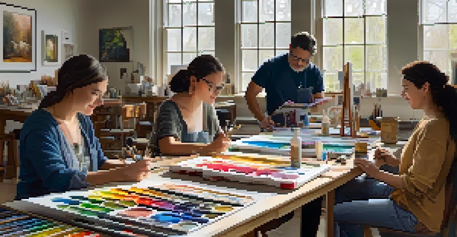 Aspiring artists participating in a painting workshop inside a cozy non-profit arts organization, surrounded by art supplies and inspiring artwork.