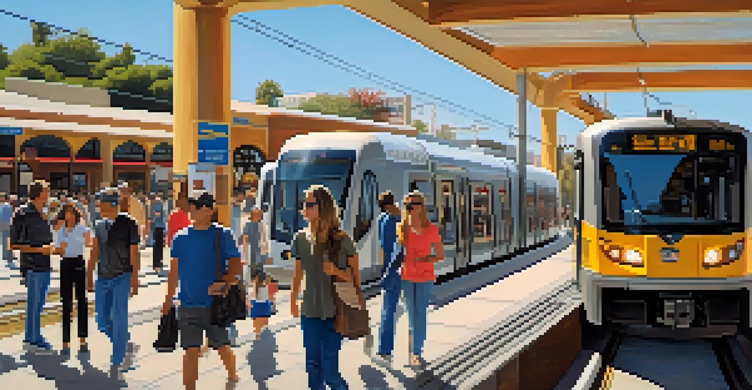 A busy light rail station in Pasadena with the Gold Line train and commuters, showcasing modern design.